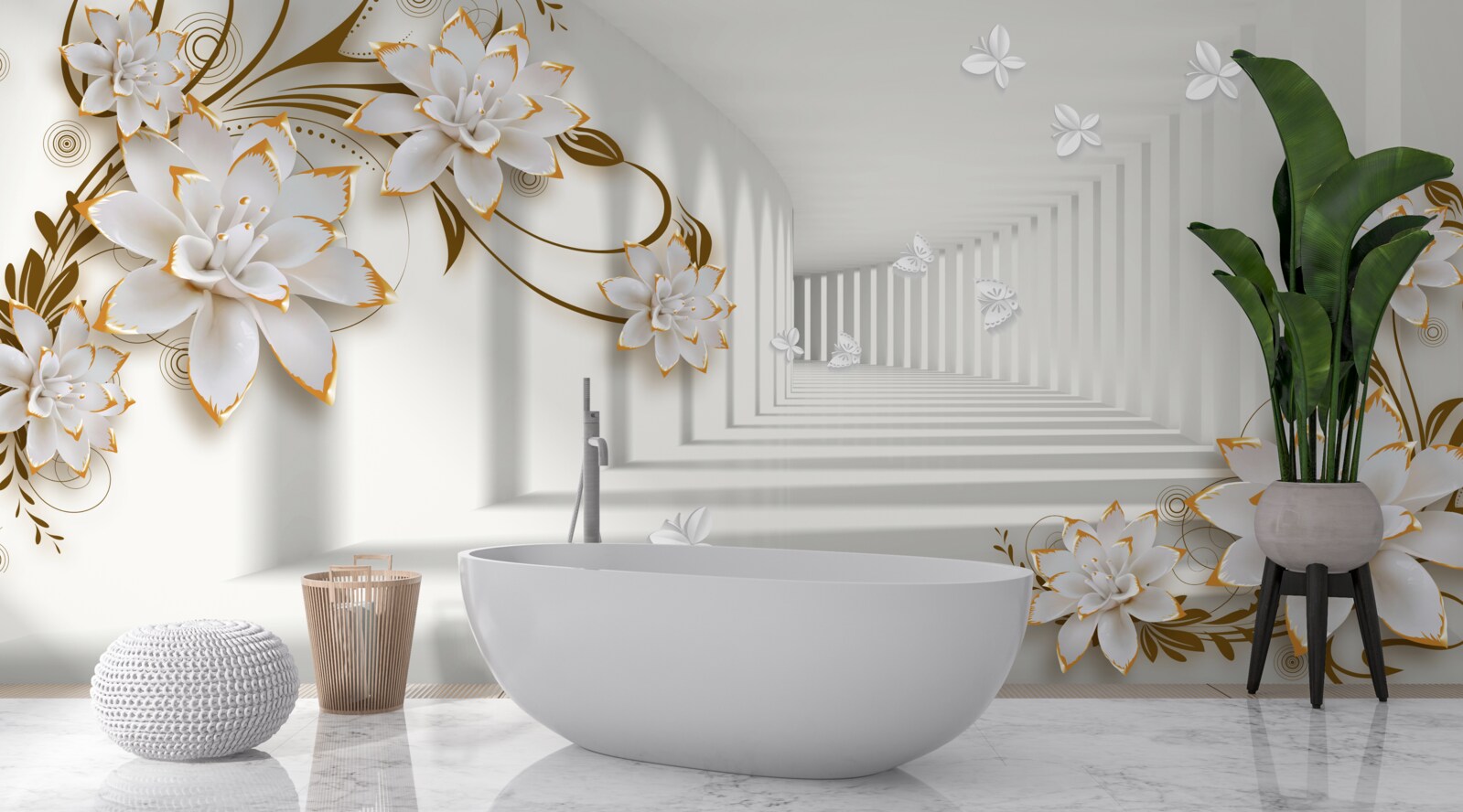 Papier peint lotus blancs sur fond abstrait, décorés en or