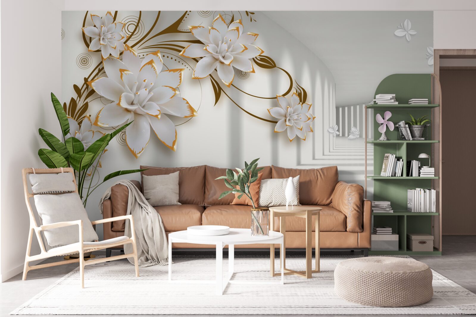 Papier peint lotus blancs sur fond abstrait, décorés en or