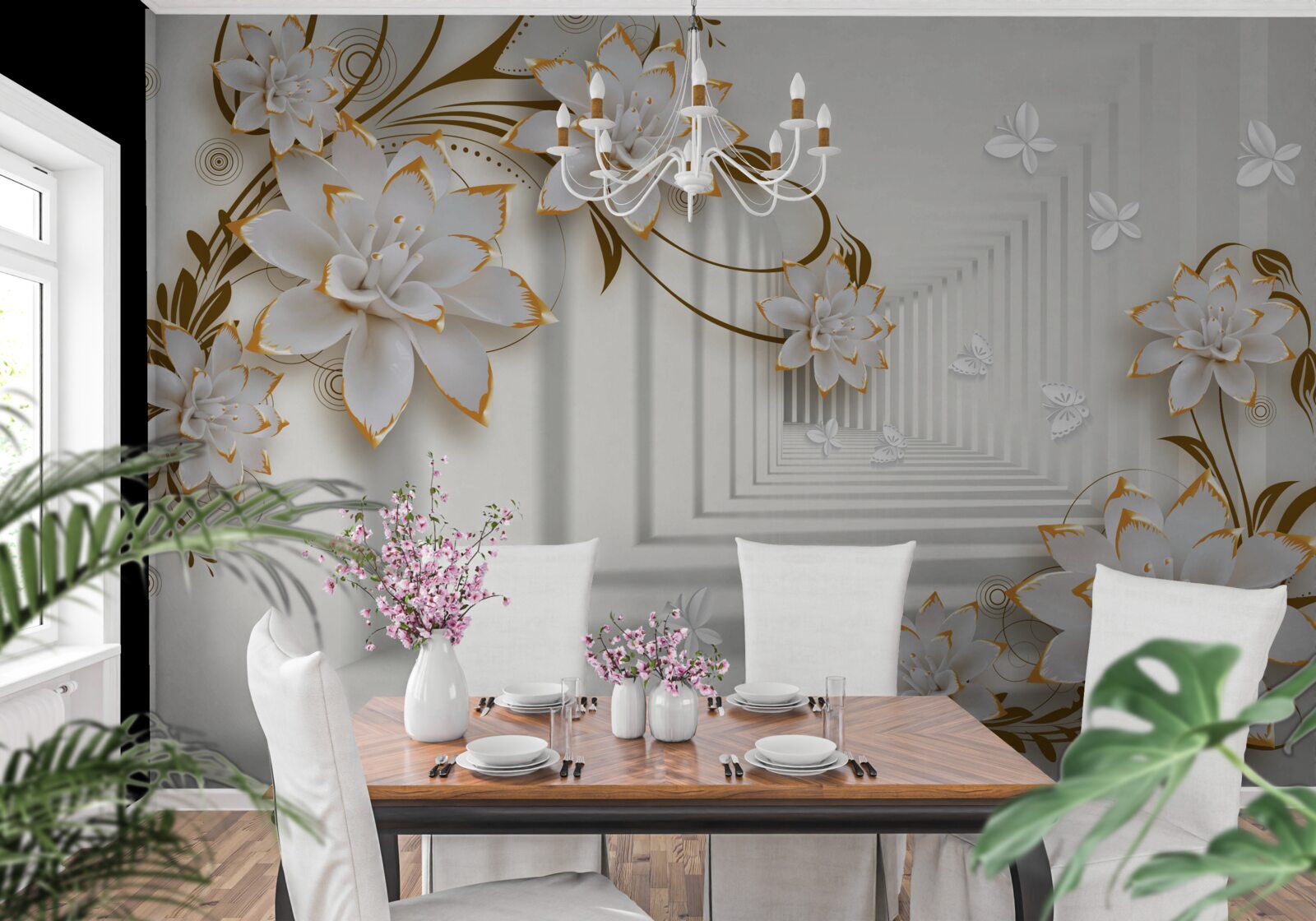 Papier peint couloir de l'abstraction et des lotus dorés