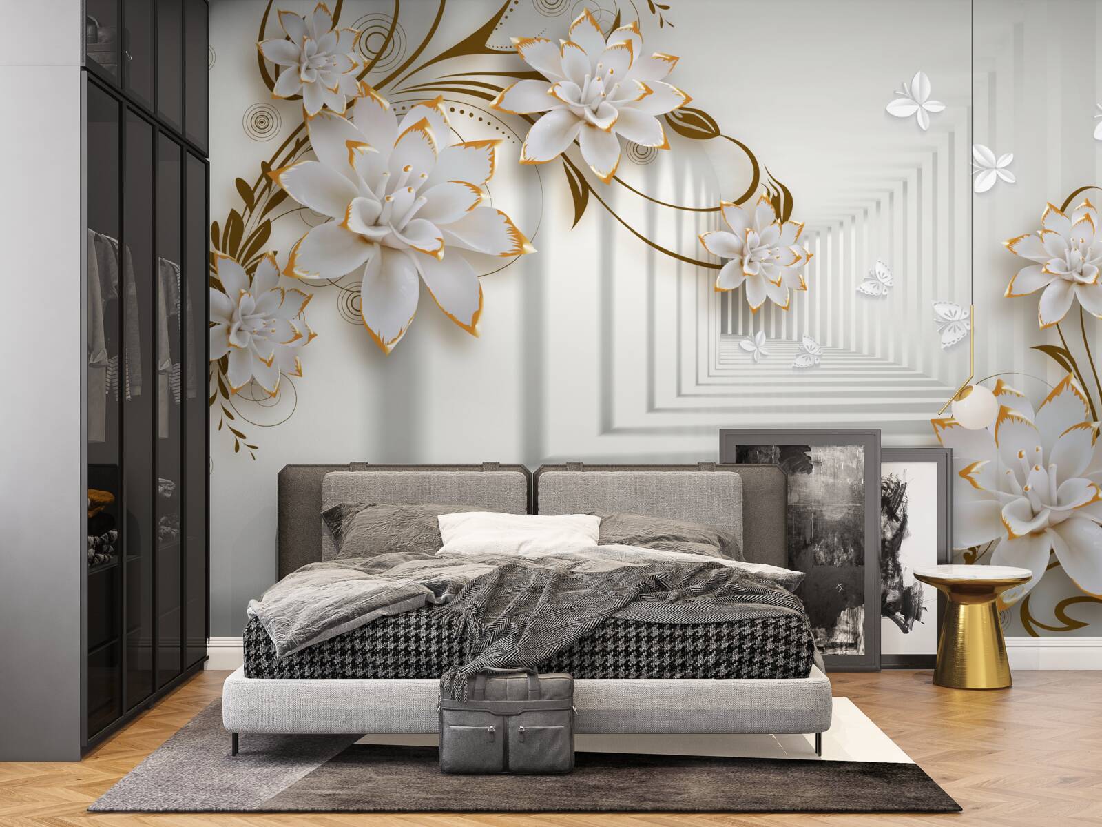 Papier peint couloir de l'abstraction et des lotus dorés