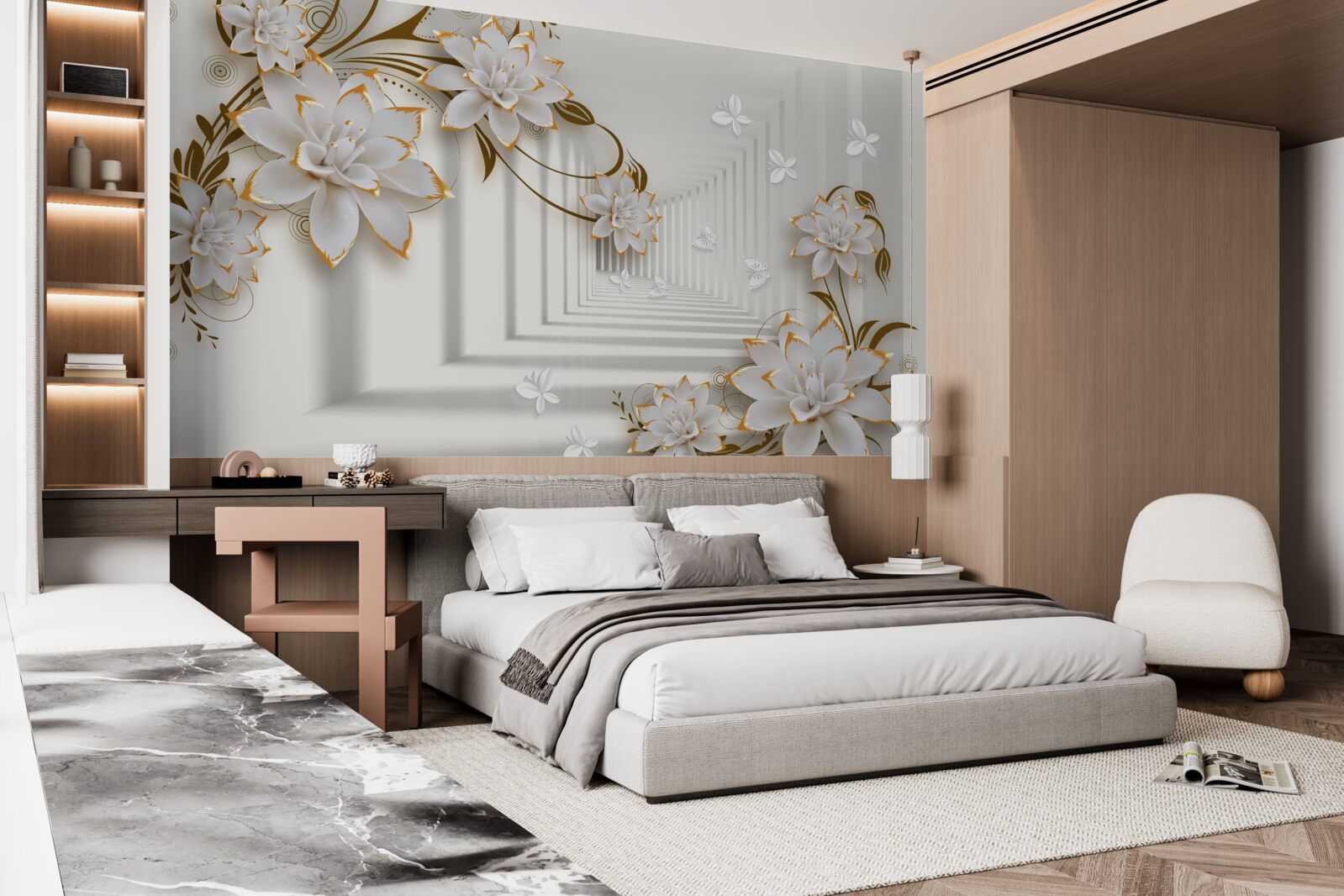 Papier peint couloir de l'abstraction et des lotus dorés