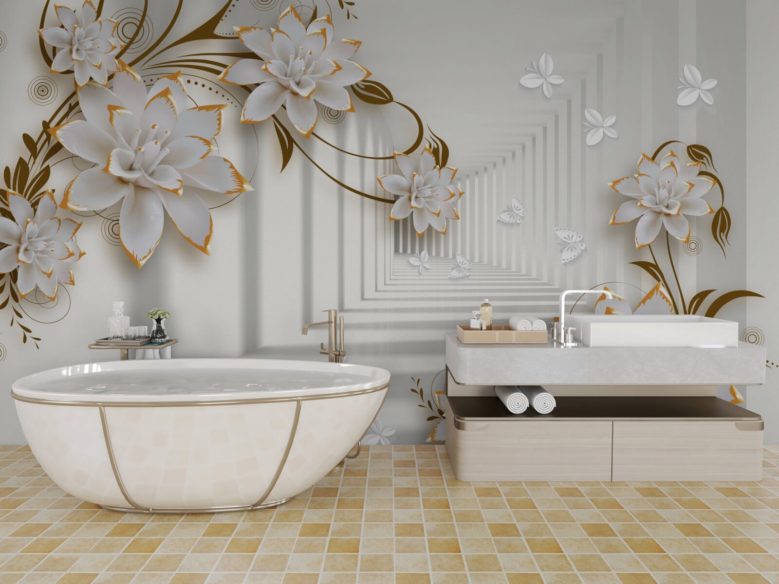 Papier peint couloir de l'abstraction et des lotus dorés