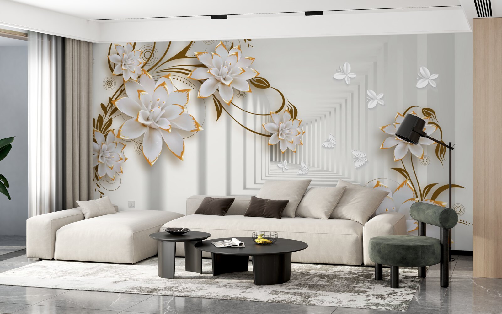 Papier peint couloir de l'abstraction et des lotus dorés