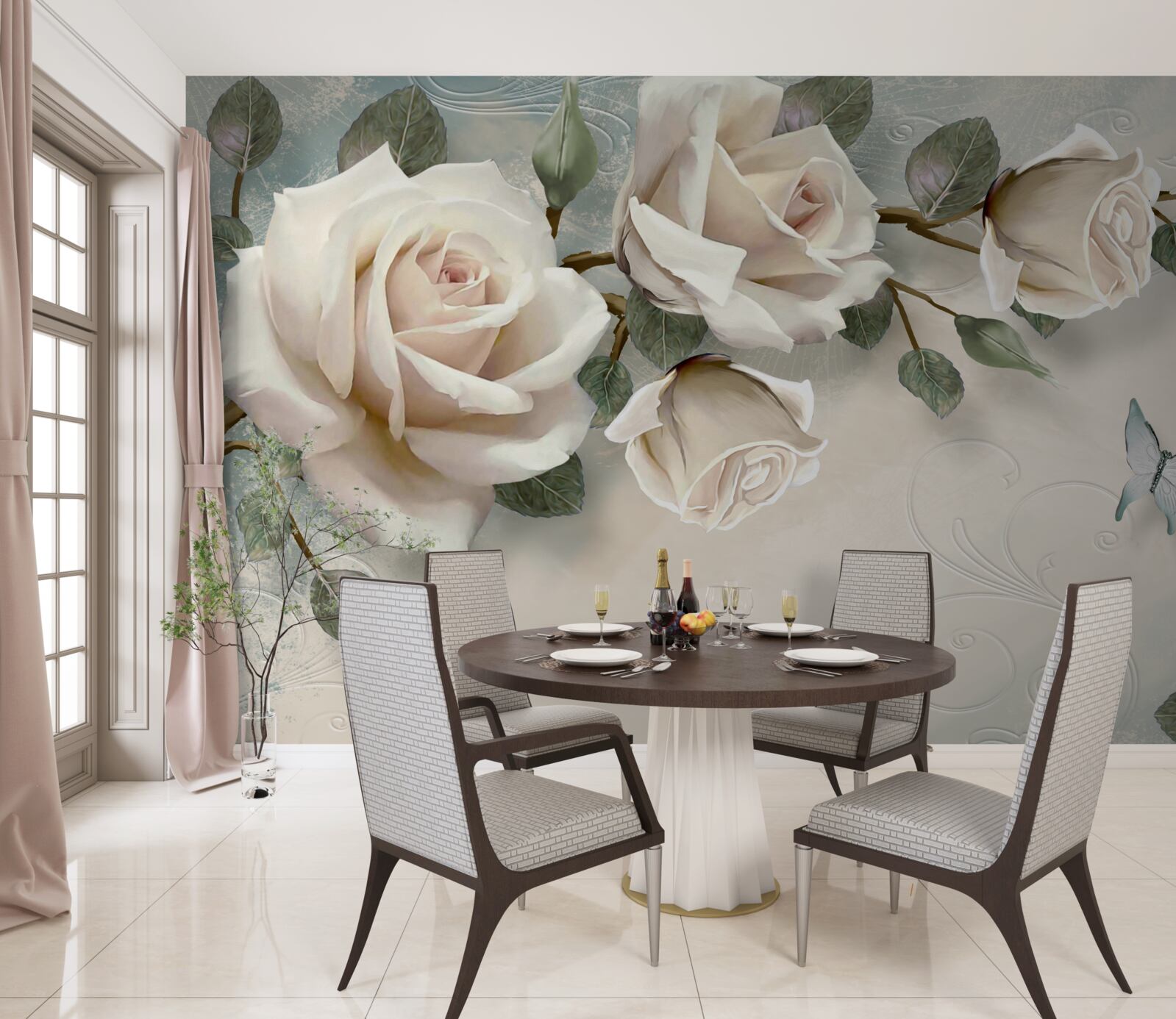 Papier peint papillons passant devant les branches d'une rose crème