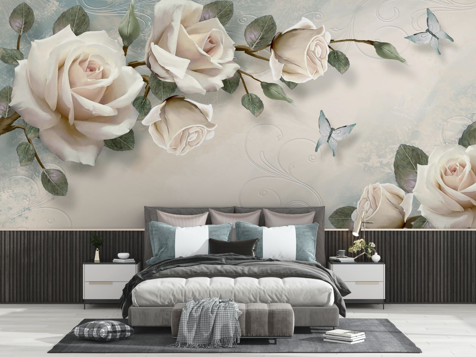 Papier peint papillons passant devant les branches d'une rose crème