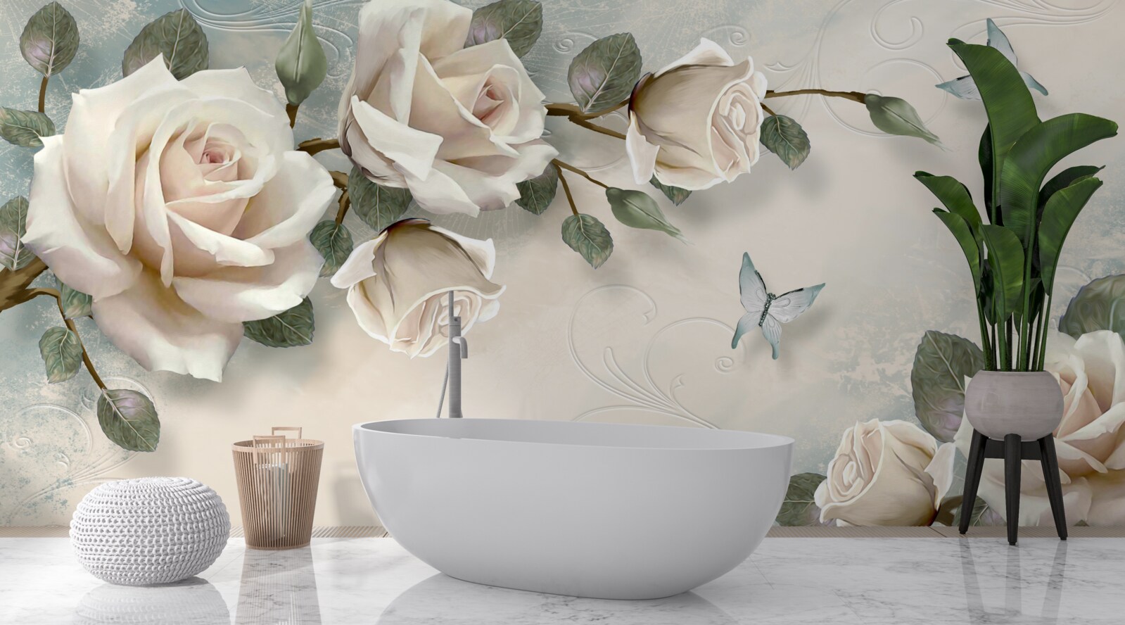 Papier peint papillons passant devant les branches d'une rose crème