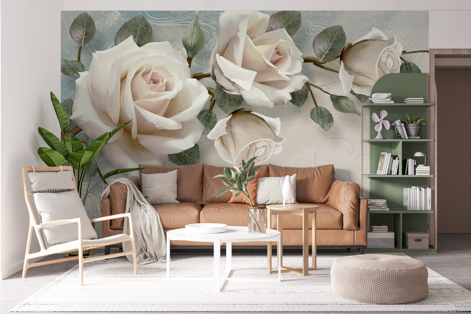 Papier peint papillons passant devant les branches d'une rose crème