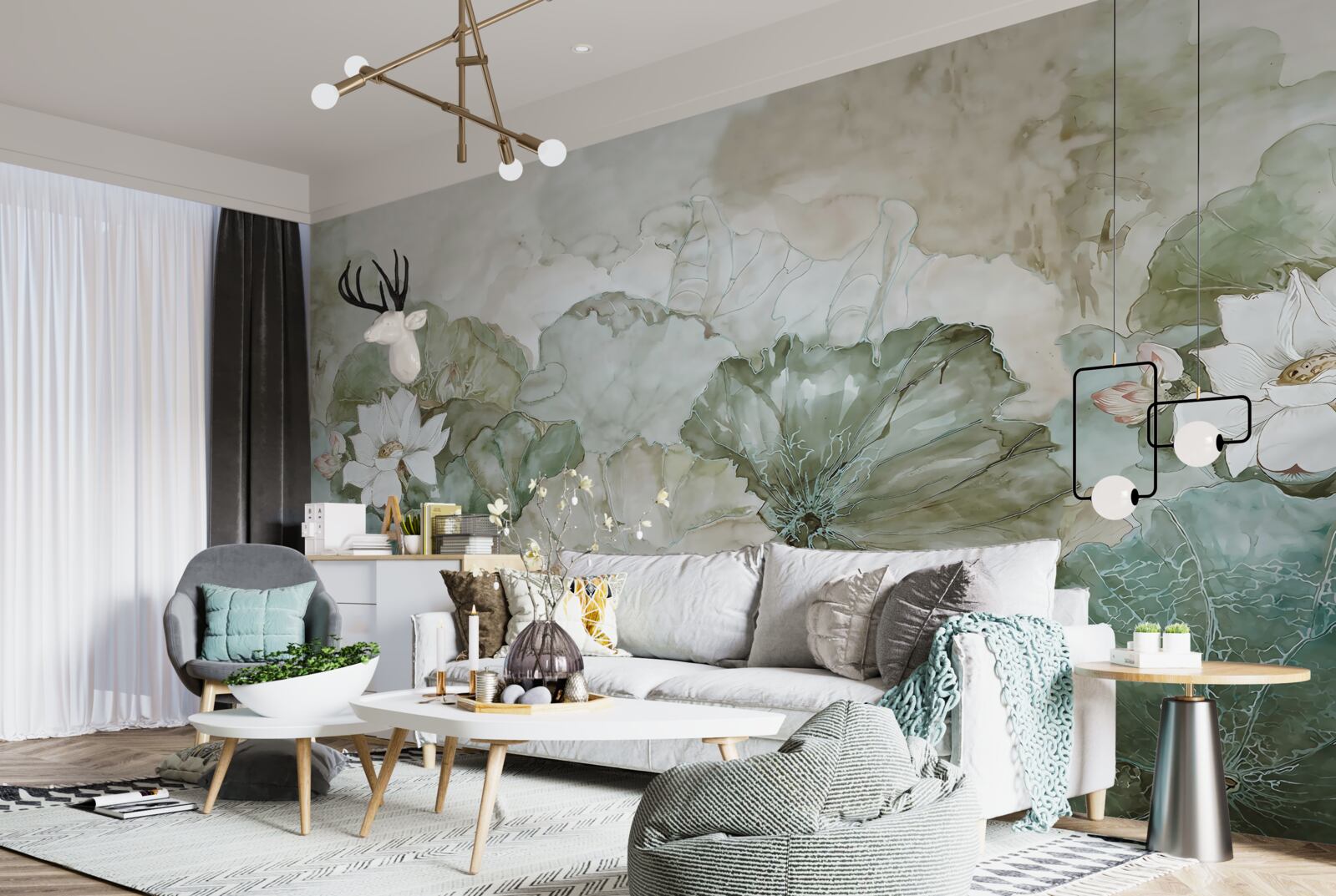 Papier peint bourgeons blancs et feuilles des tropiques