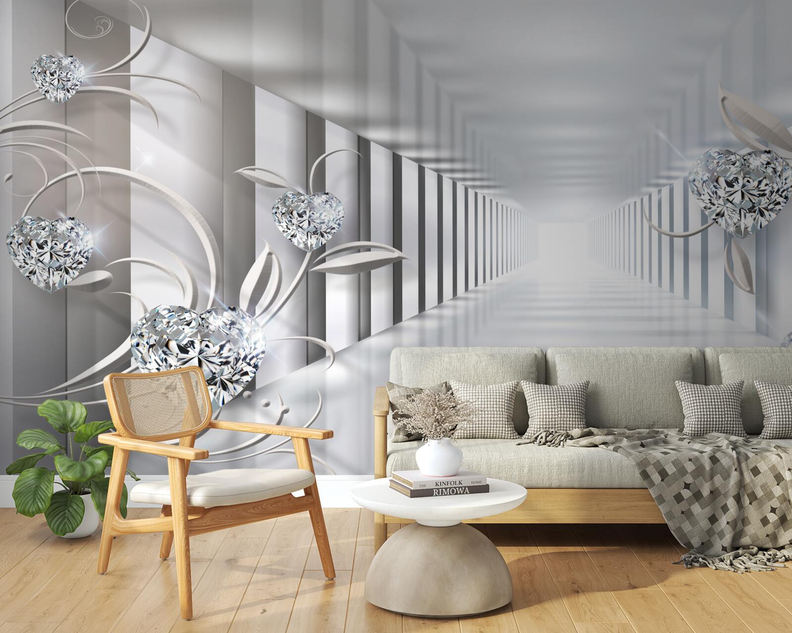 Papier peint un couloir sans fin, éclairé par des lumières vives et des décorations florales