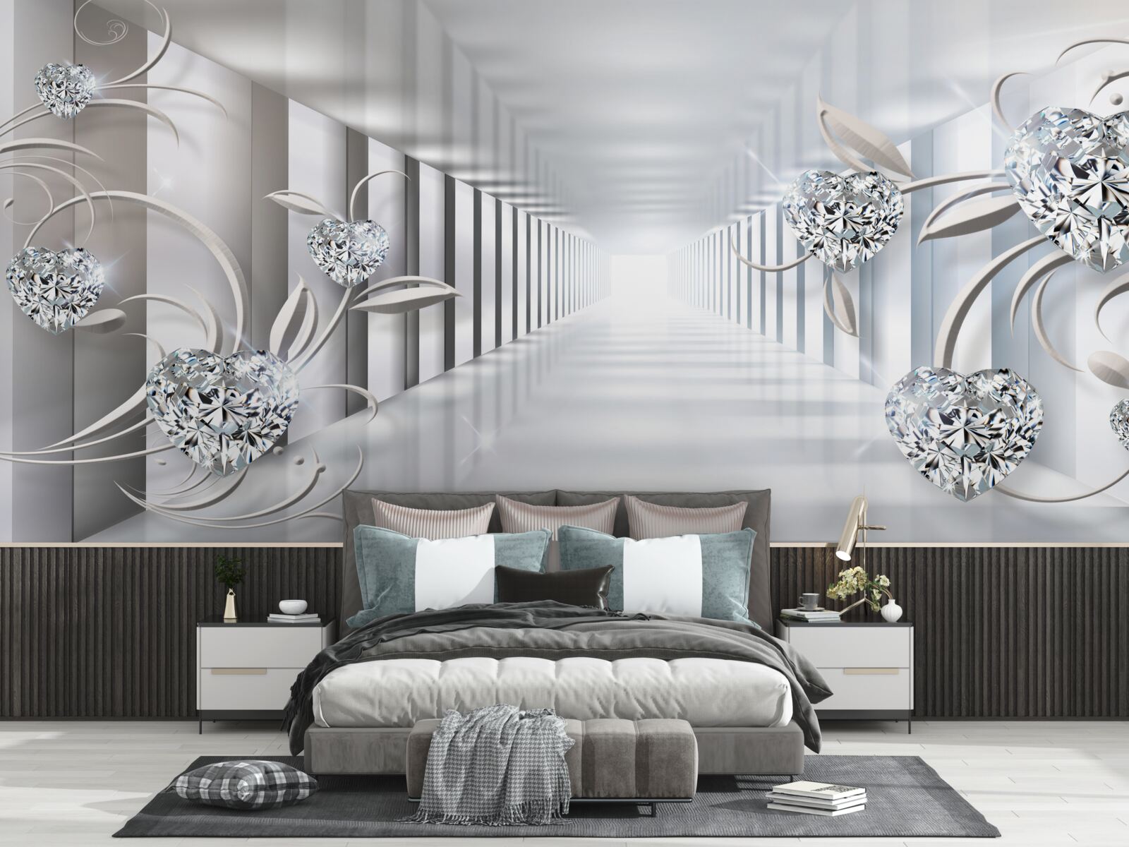 Papier peint un couloir sans fin, éclairé par des lumières vives et des décorations florales