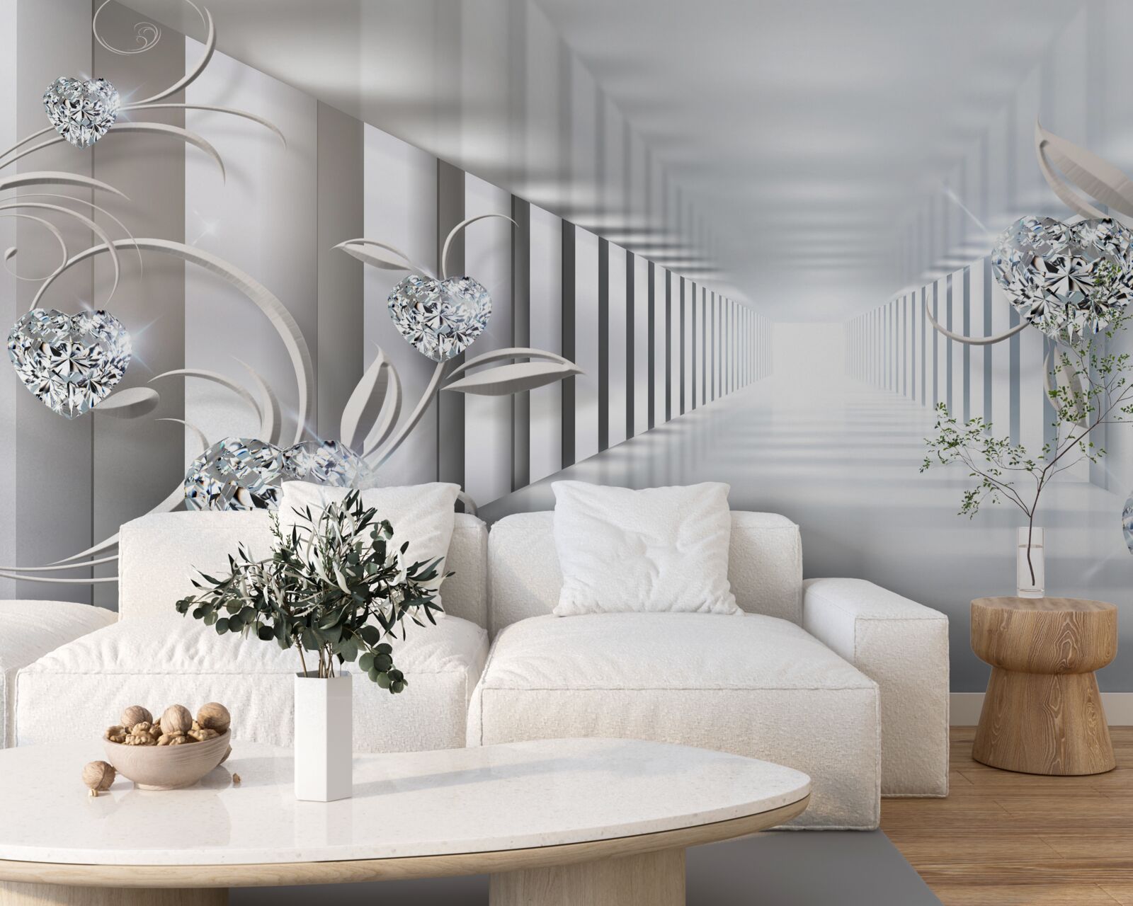 Papier peint un couloir sans fin, éclairé par des lumières vives et des décorations florales