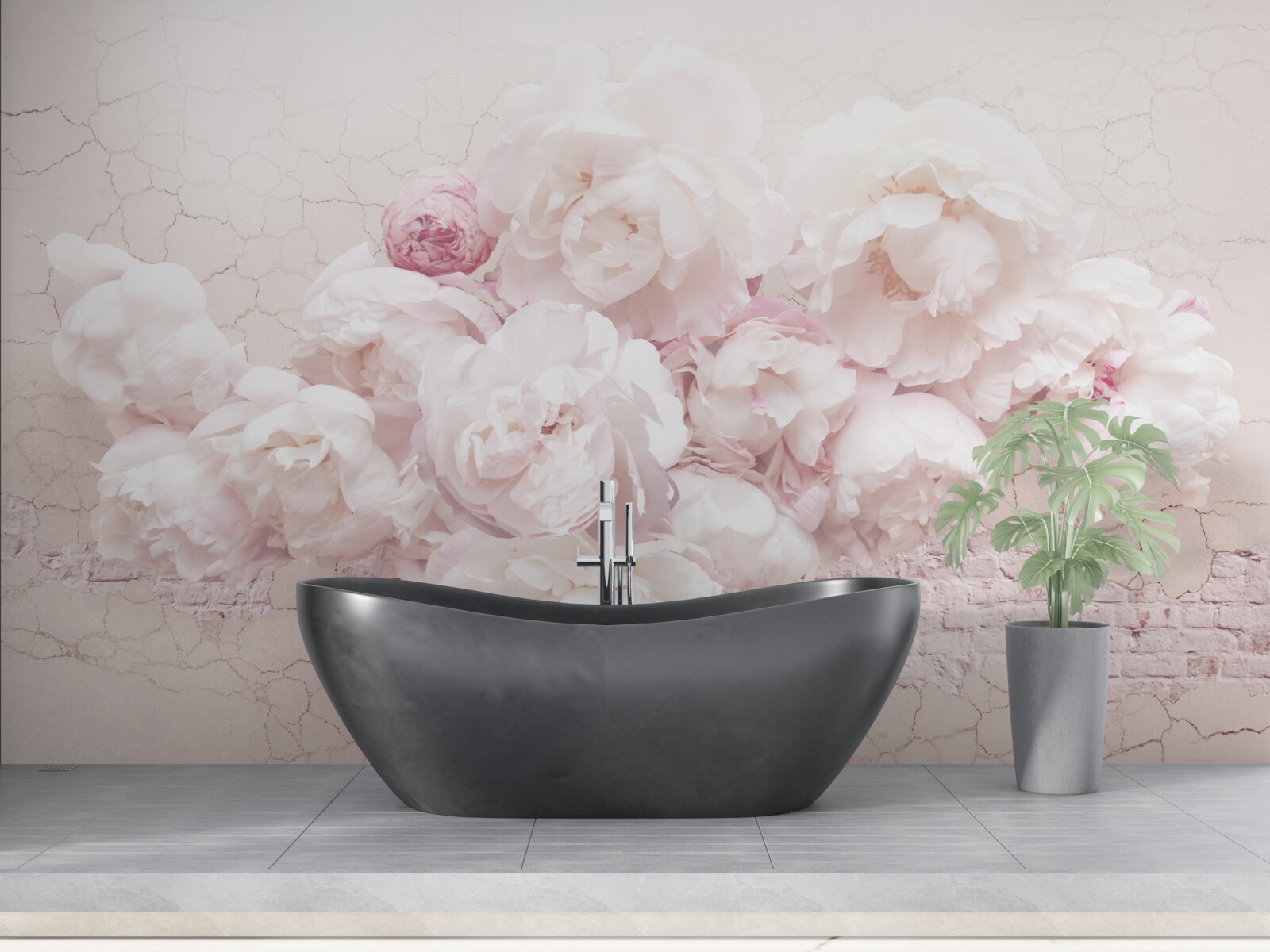 Papier peint boutiques luxuriantes avec fleurs sur fond rocheux