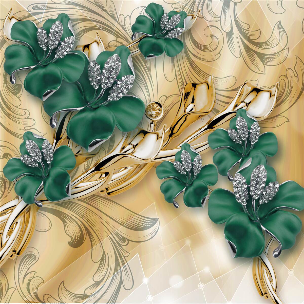 Papier peint des fleurs d'émeraude scintillent dans une monture en or
