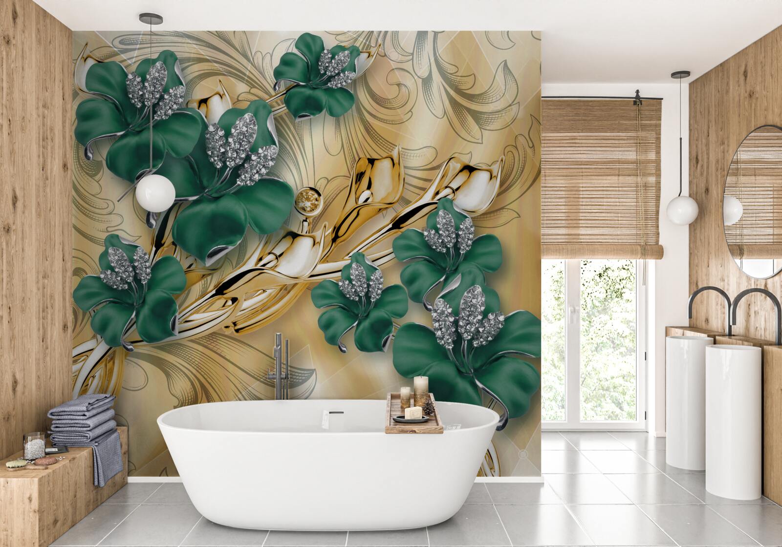 Papier peint des fleurs d'émeraude scintillent dans une monture en or