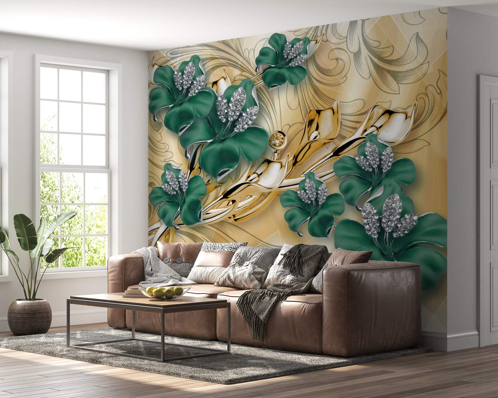 Papier peint des fleurs d'émeraude scintillent dans une monture en or