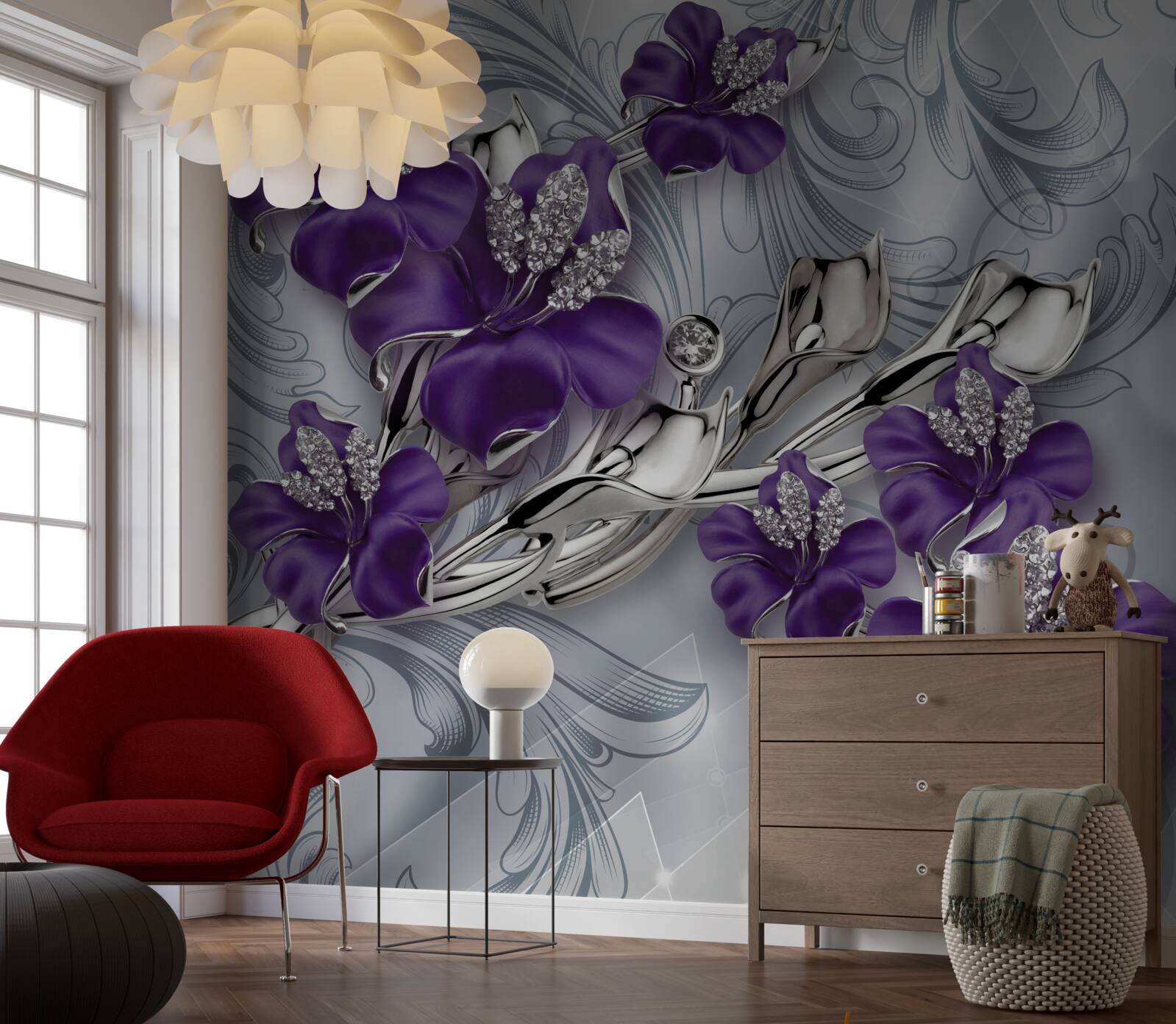 Papier peint le magnolia est pourpre parmi les pierres et l'or