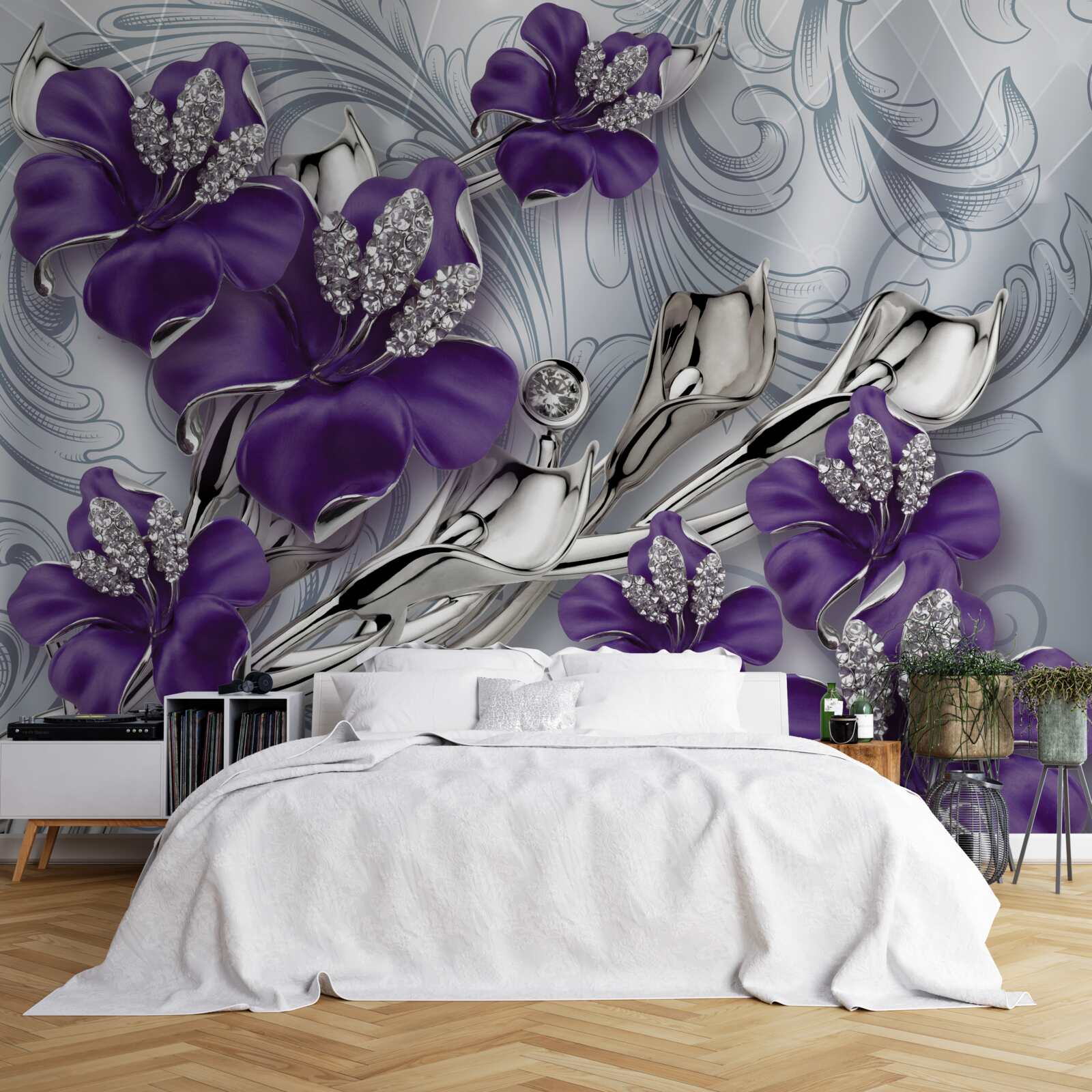 Papier peint le magnolia est pourpre parmi les pierres et l'or