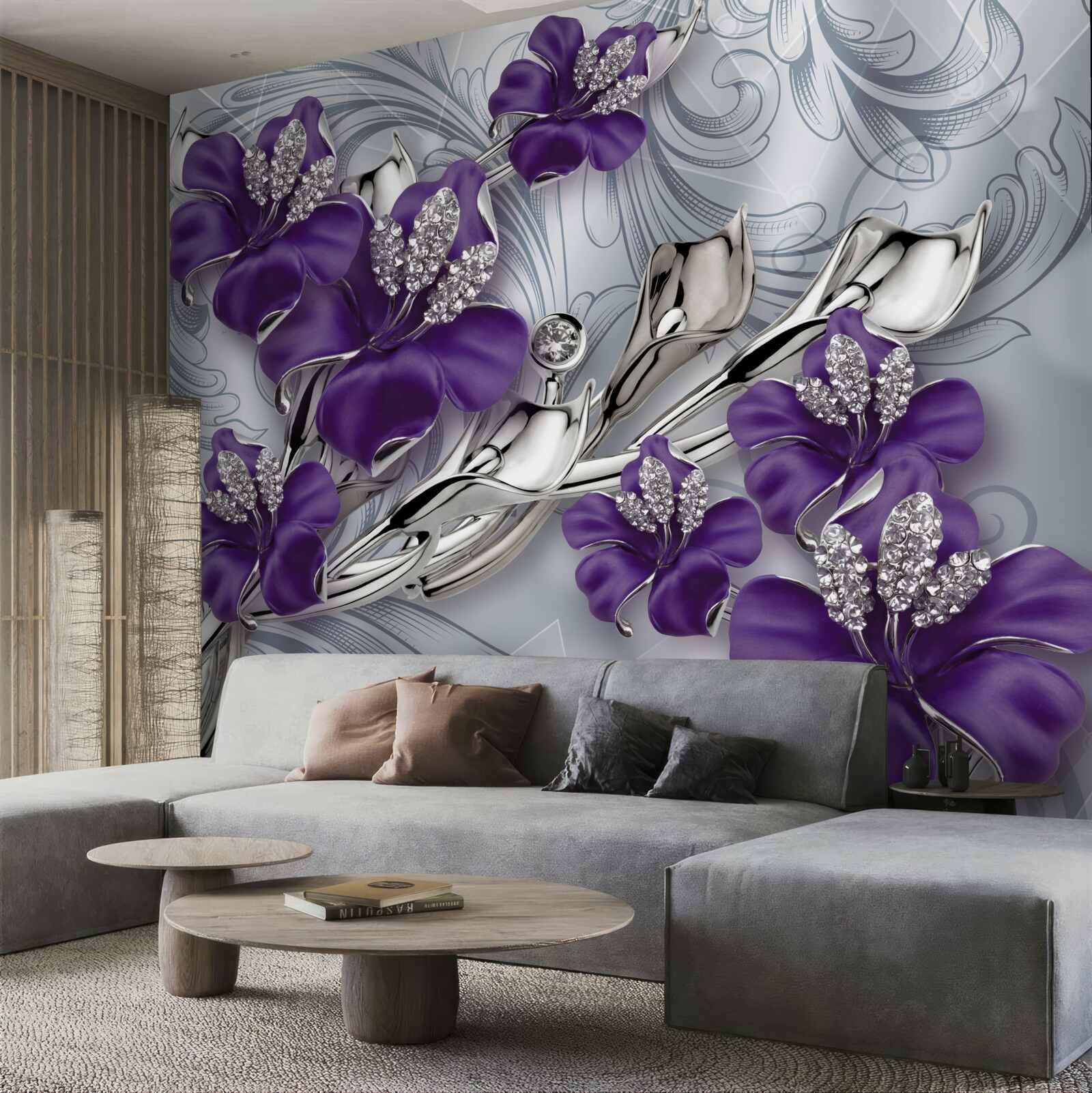 Papier peint le magnolia est pourpre parmi les pierres et l'or