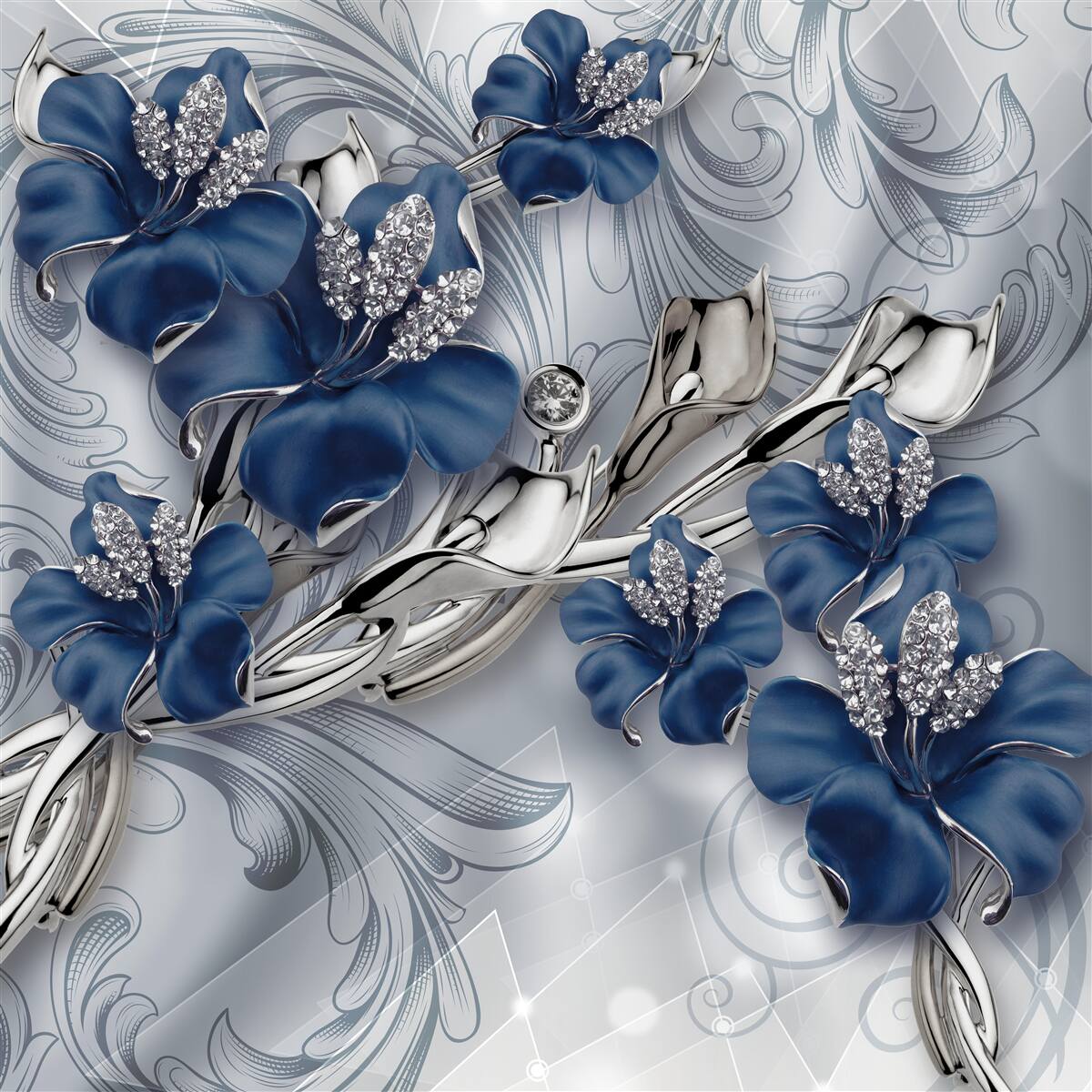 Papier peint fleurs bleues avec branches dorées et éléments en pierre