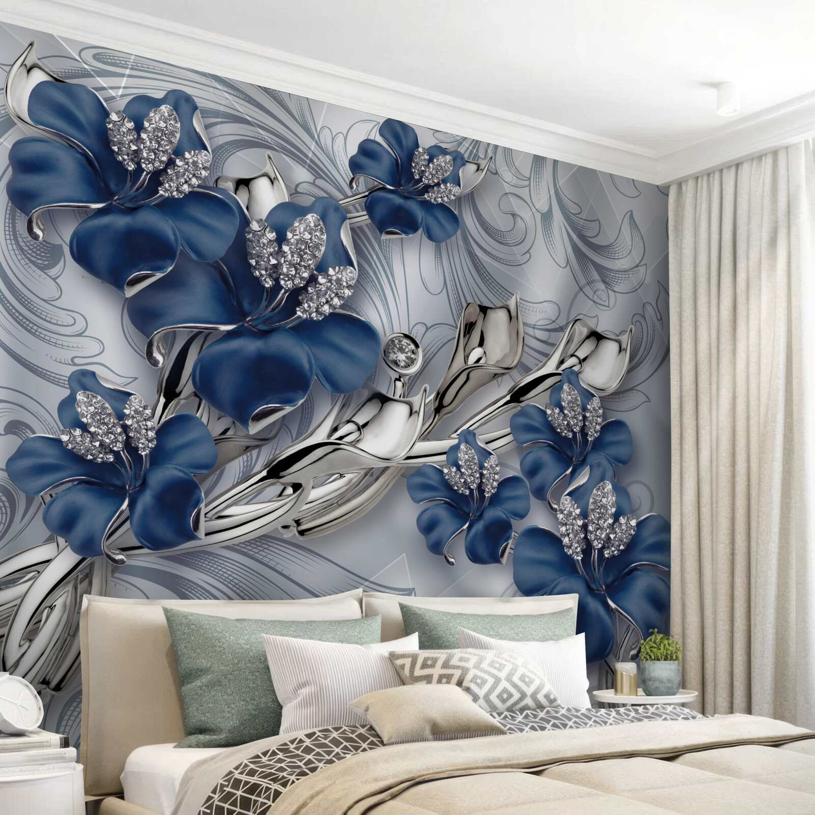 Papier peint fleurs bleues avec branches dorées et éléments en pierre