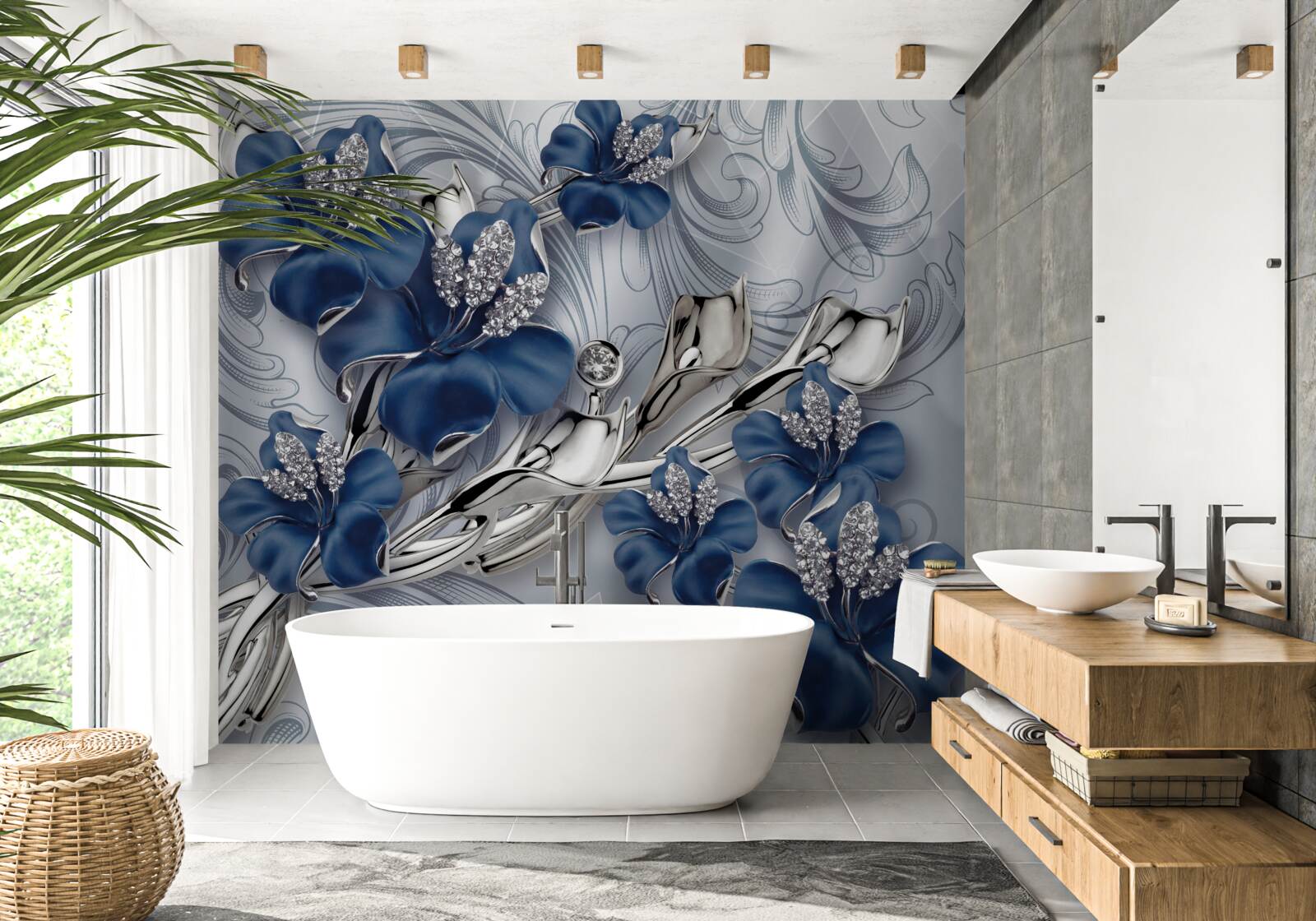 Papier peint fleurs bleues avec branches dorées et éléments en pierre