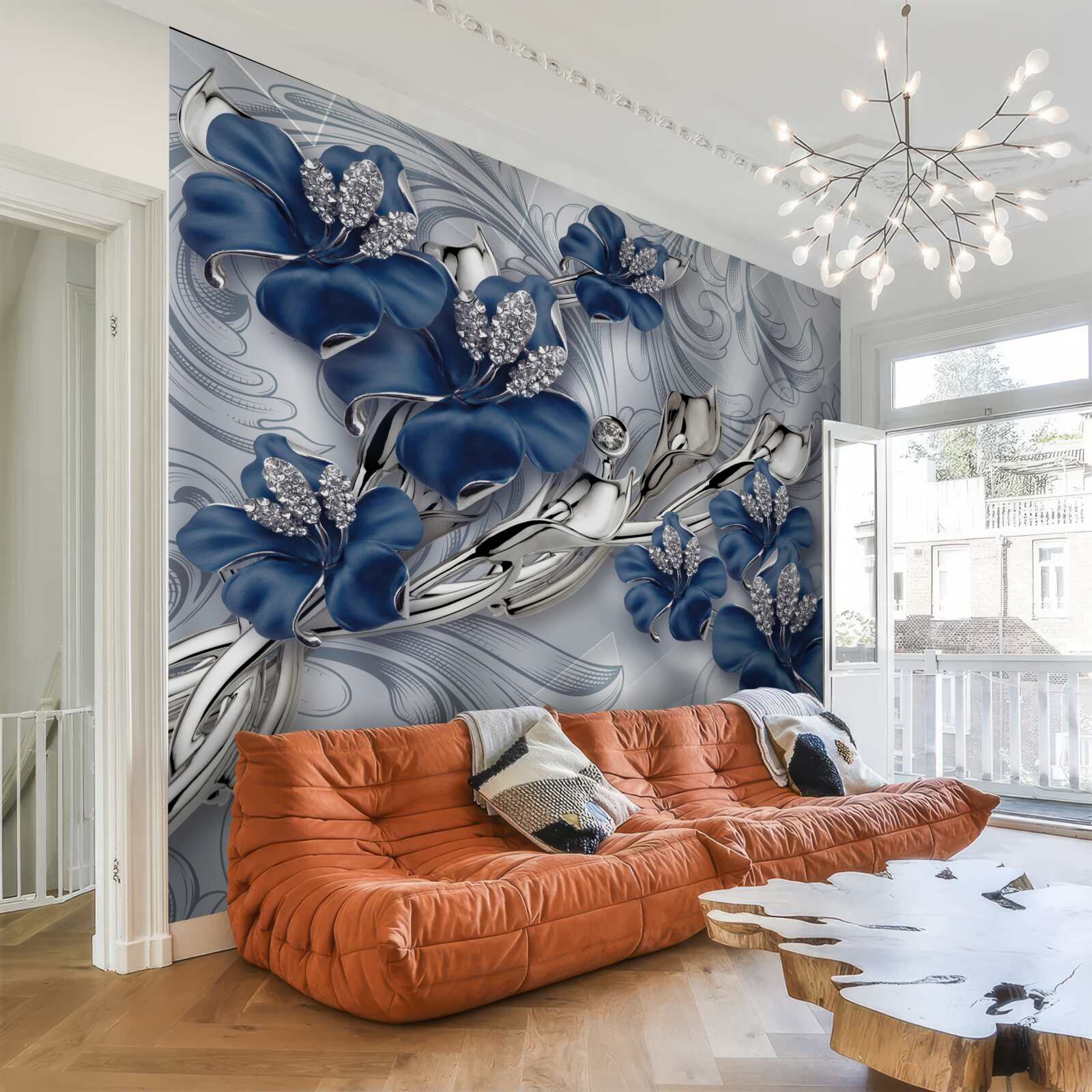 Papier peint fleurs bleues avec branches dorées et éléments en pierre