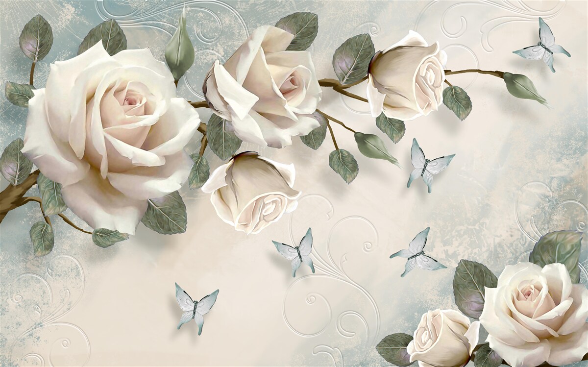 Papier peint les roses crème s'épanouissent sous les papillons qui planent