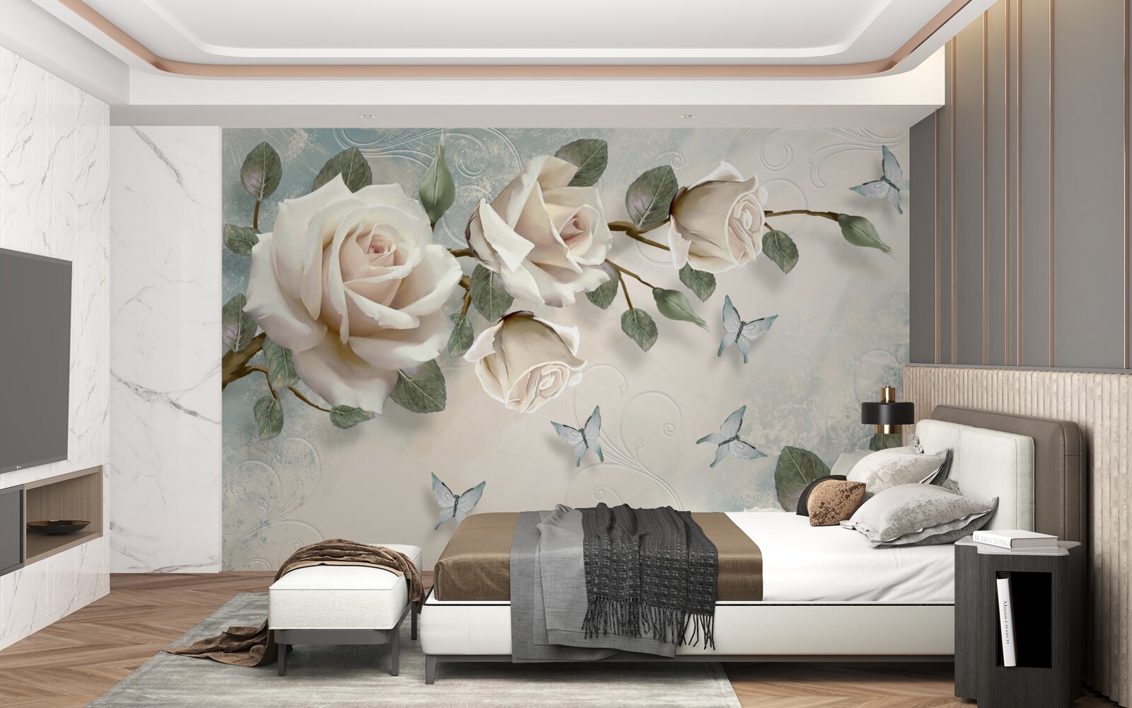 Papier peint les roses crème s'épanouissent sous les papillons qui planent