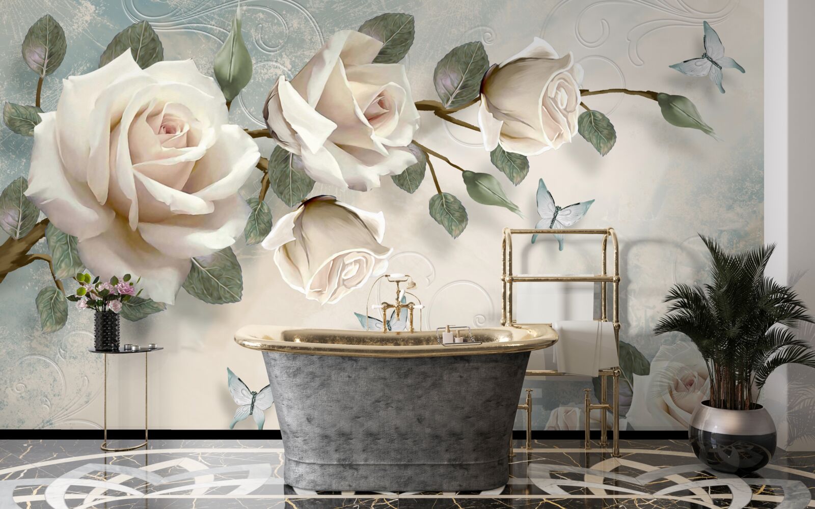 Papier peint les roses crème s'épanouissent sous les papillons qui planent