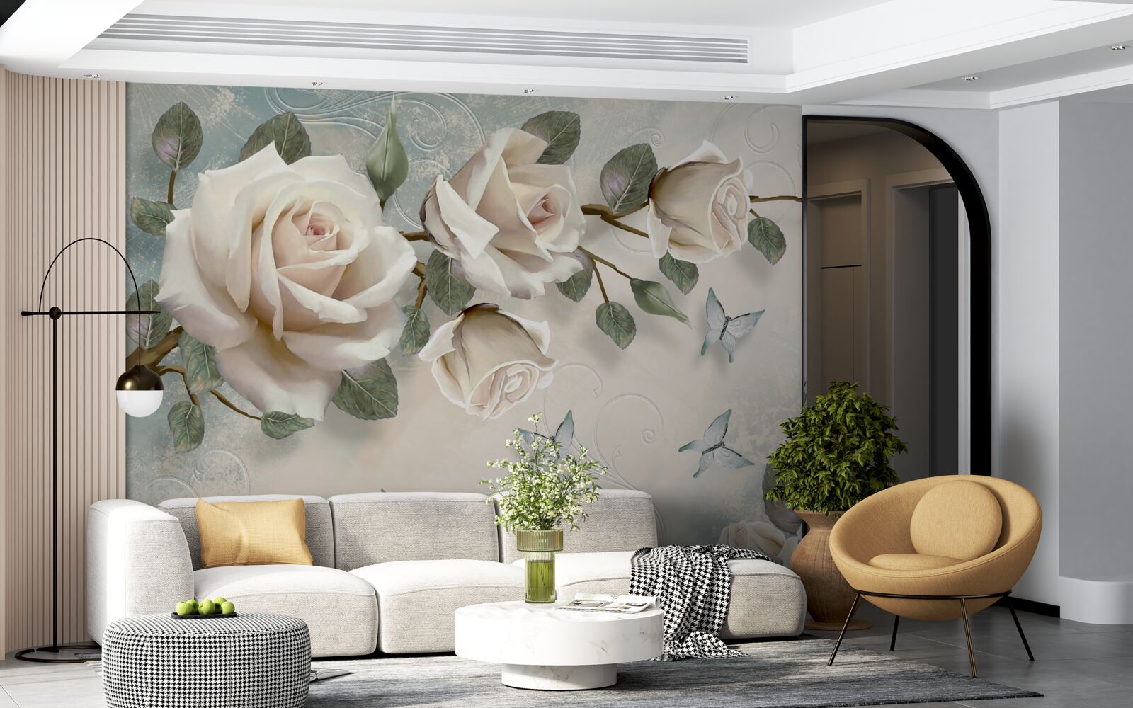 Papier peint les roses crème s'épanouissent sous les papillons qui planent