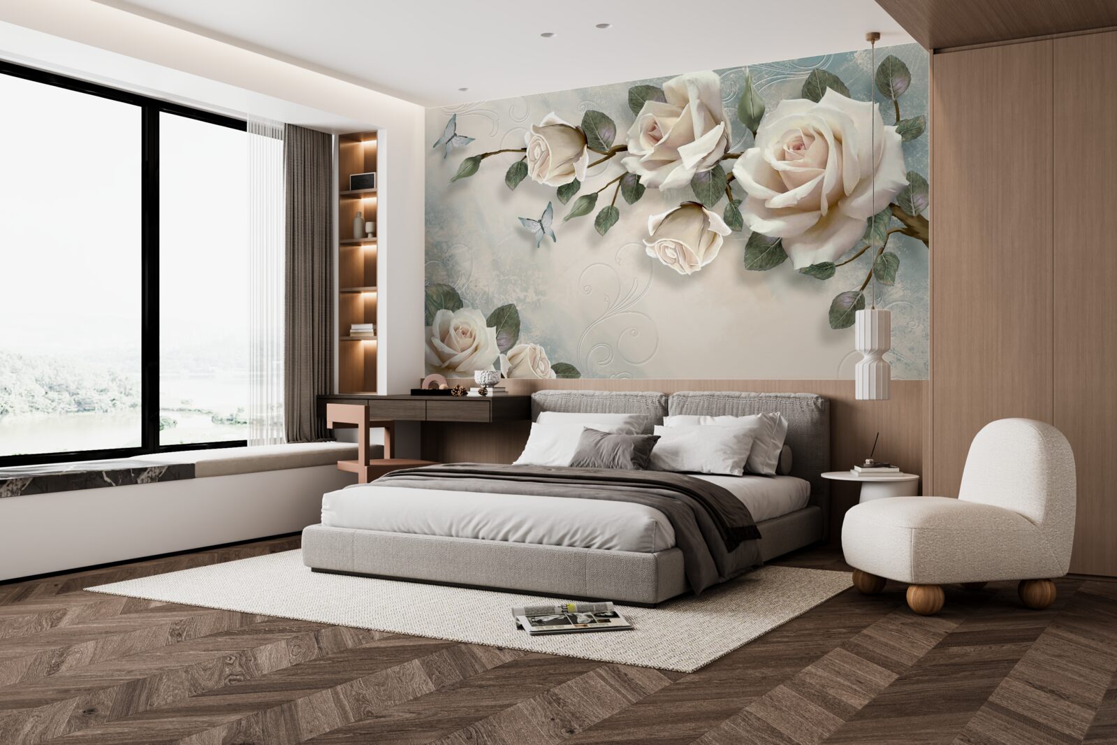 Papier peint les papillons et les roses bourgeonnent