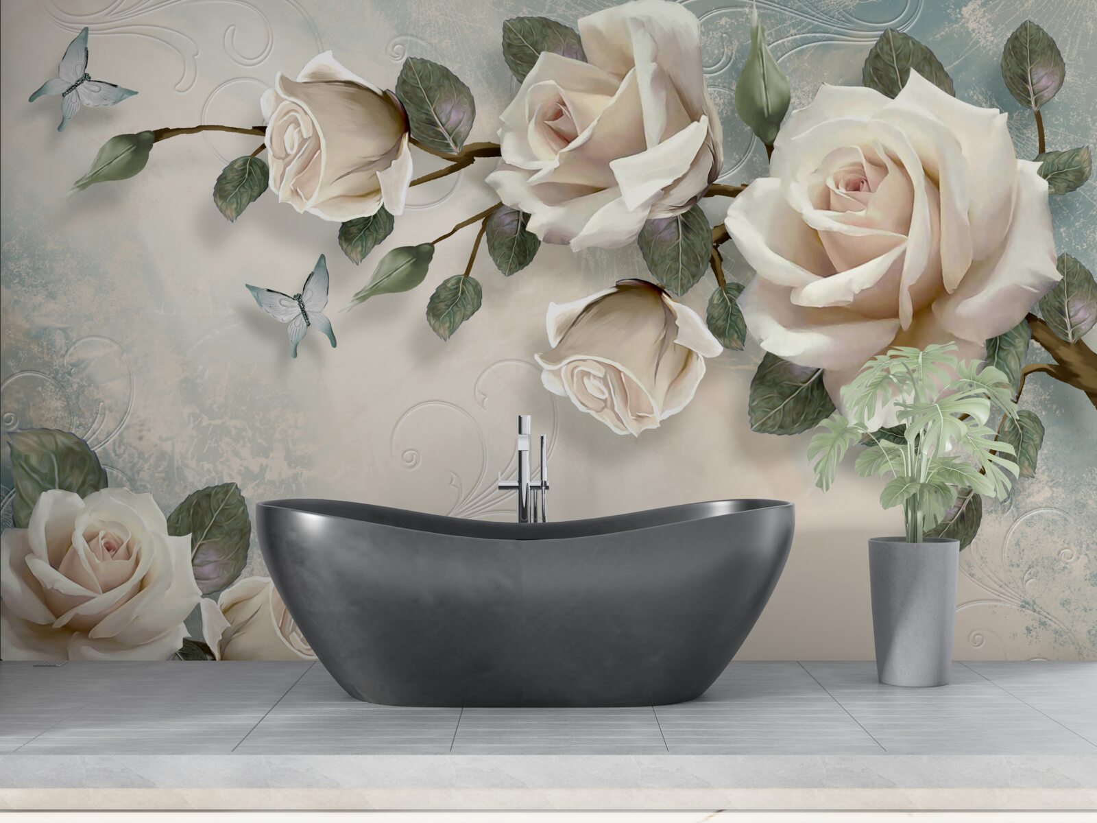 Papier peint les papillons et les roses bourgeonnent