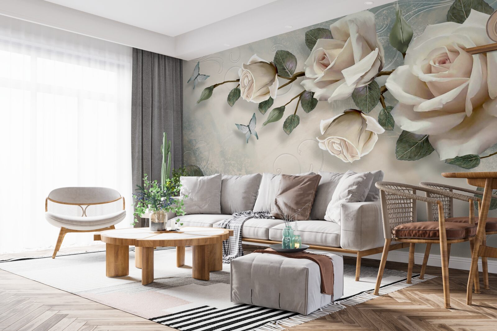 Papier peint les papillons et les roses bourgeonnent