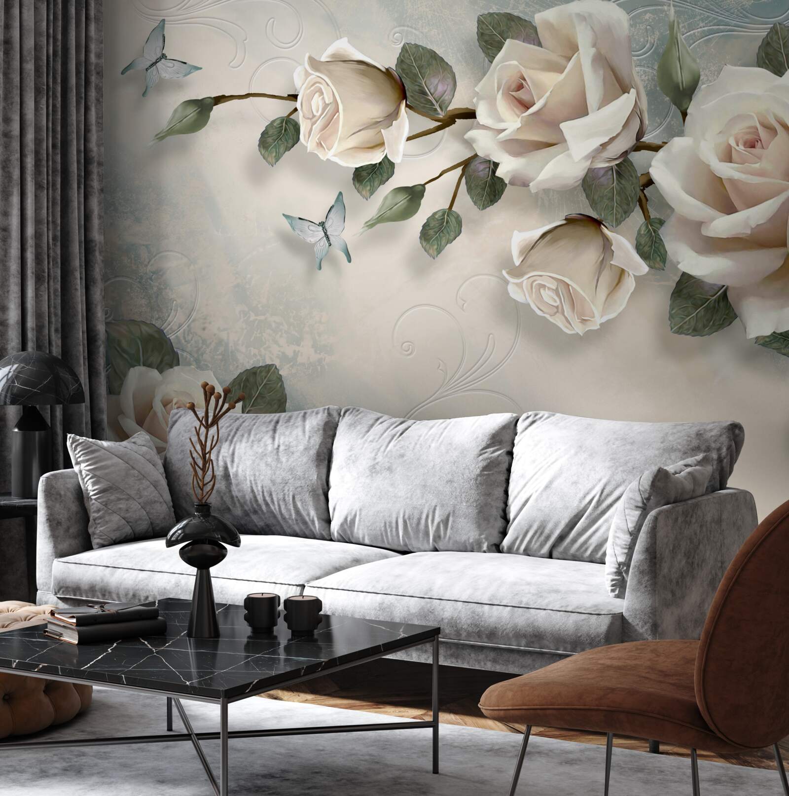 Papier peint les papillons et les roses bourgeonnent