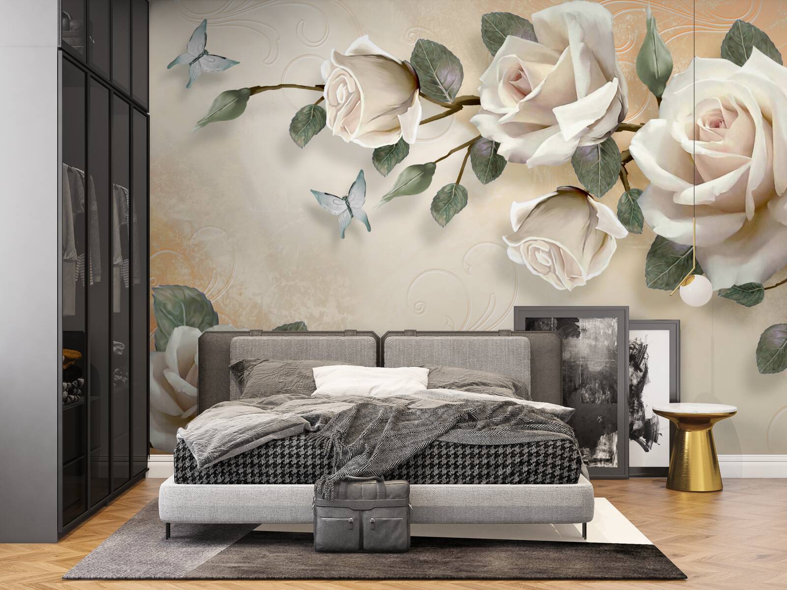 Papier peint papillons et une branche de rose blanche sur un buisson