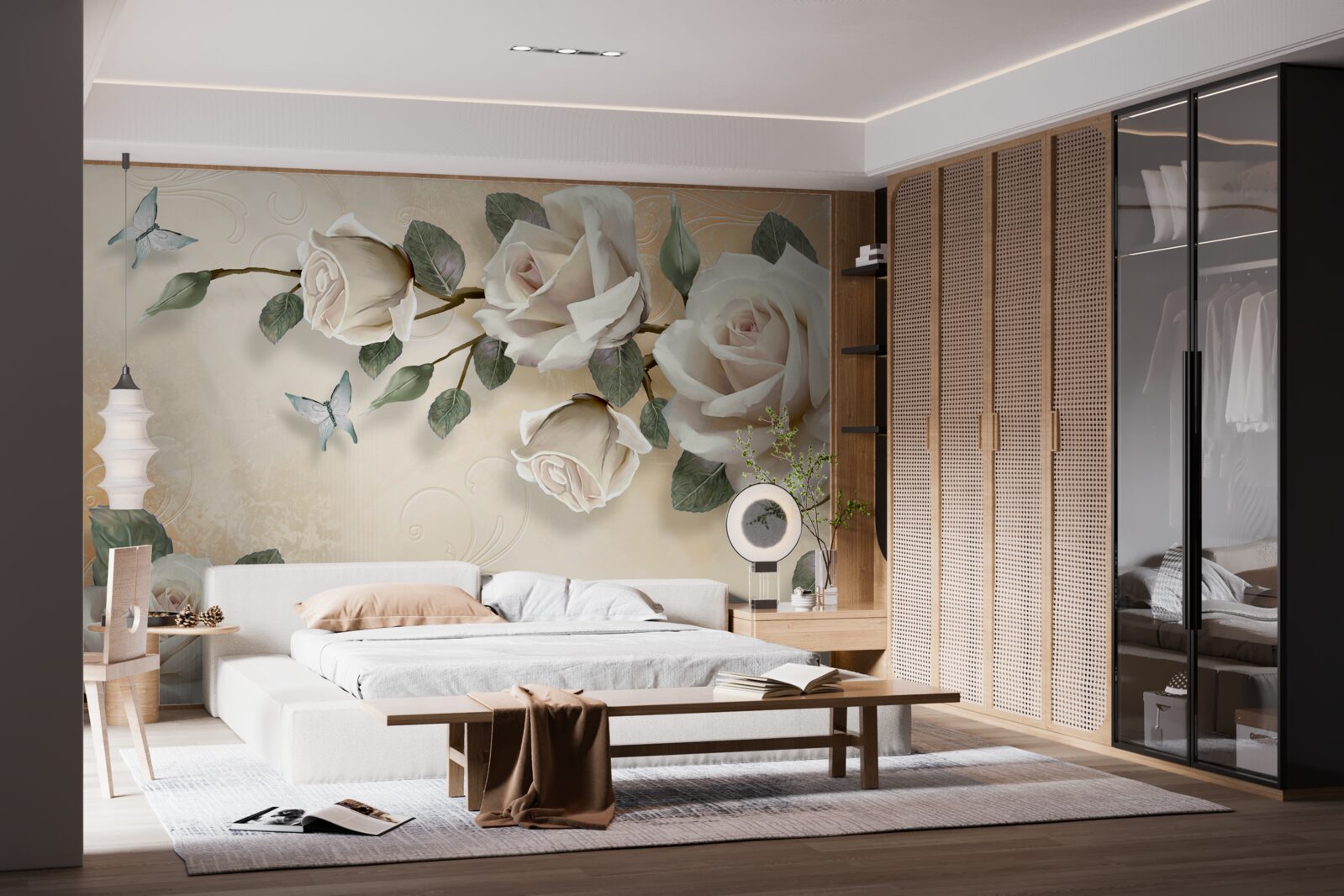 Papier peint papillons et une branche de rose blanche sur un buisson