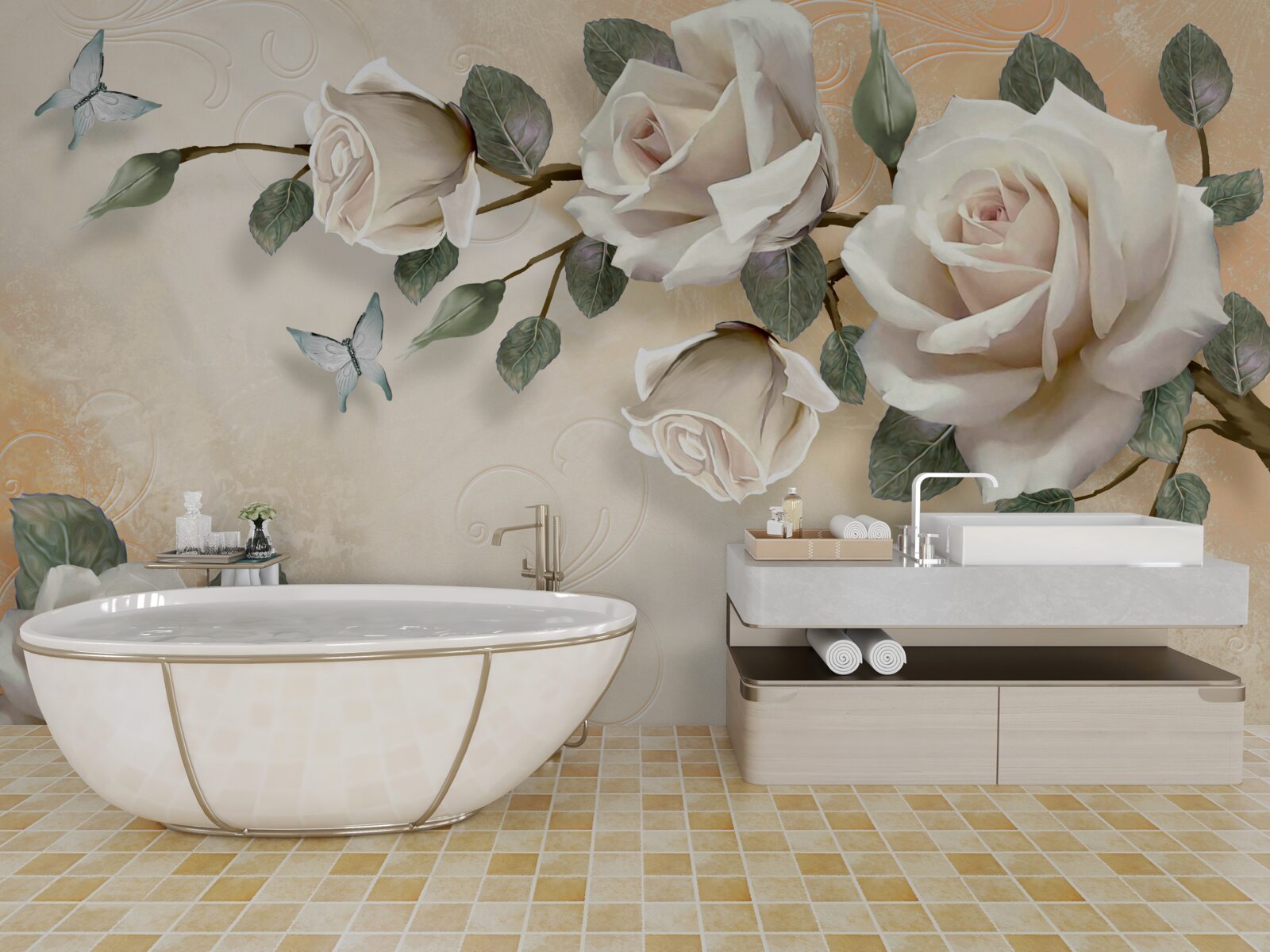 Papier peint papillons et une branche de rose blanche sur un buisson