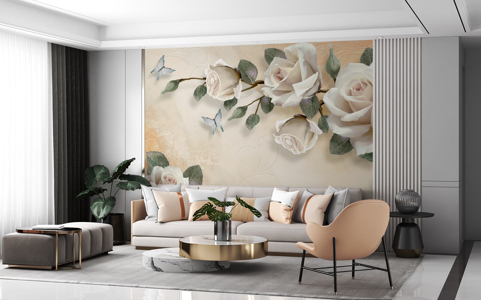 Papier peint papillons et une branche de rose blanche sur un buisson