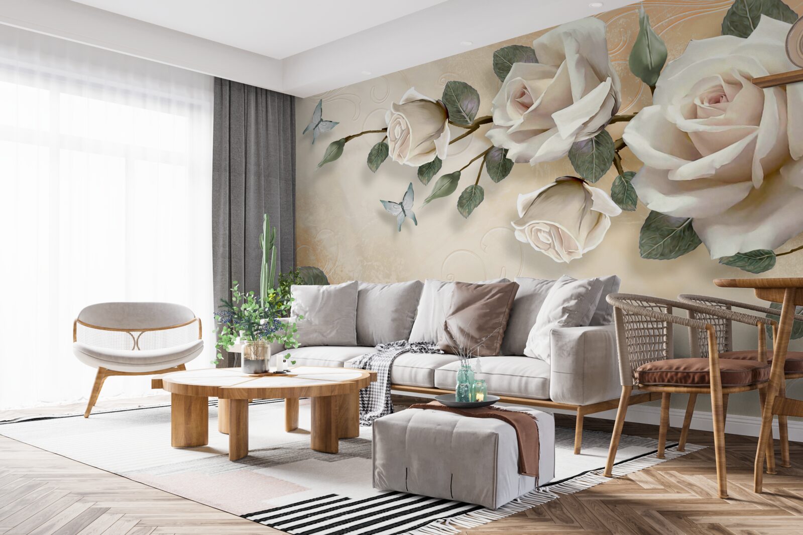 Papier peint papillons et une branche de rose blanche sur un buisson