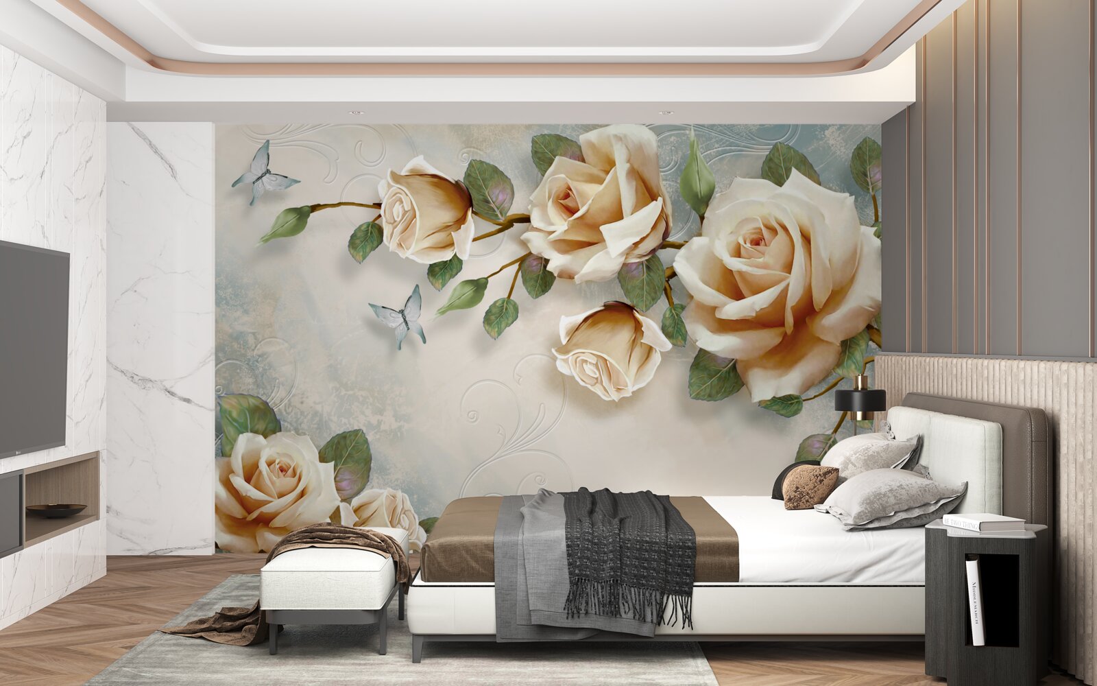 Papier peint roses douces dans des tons crémeux