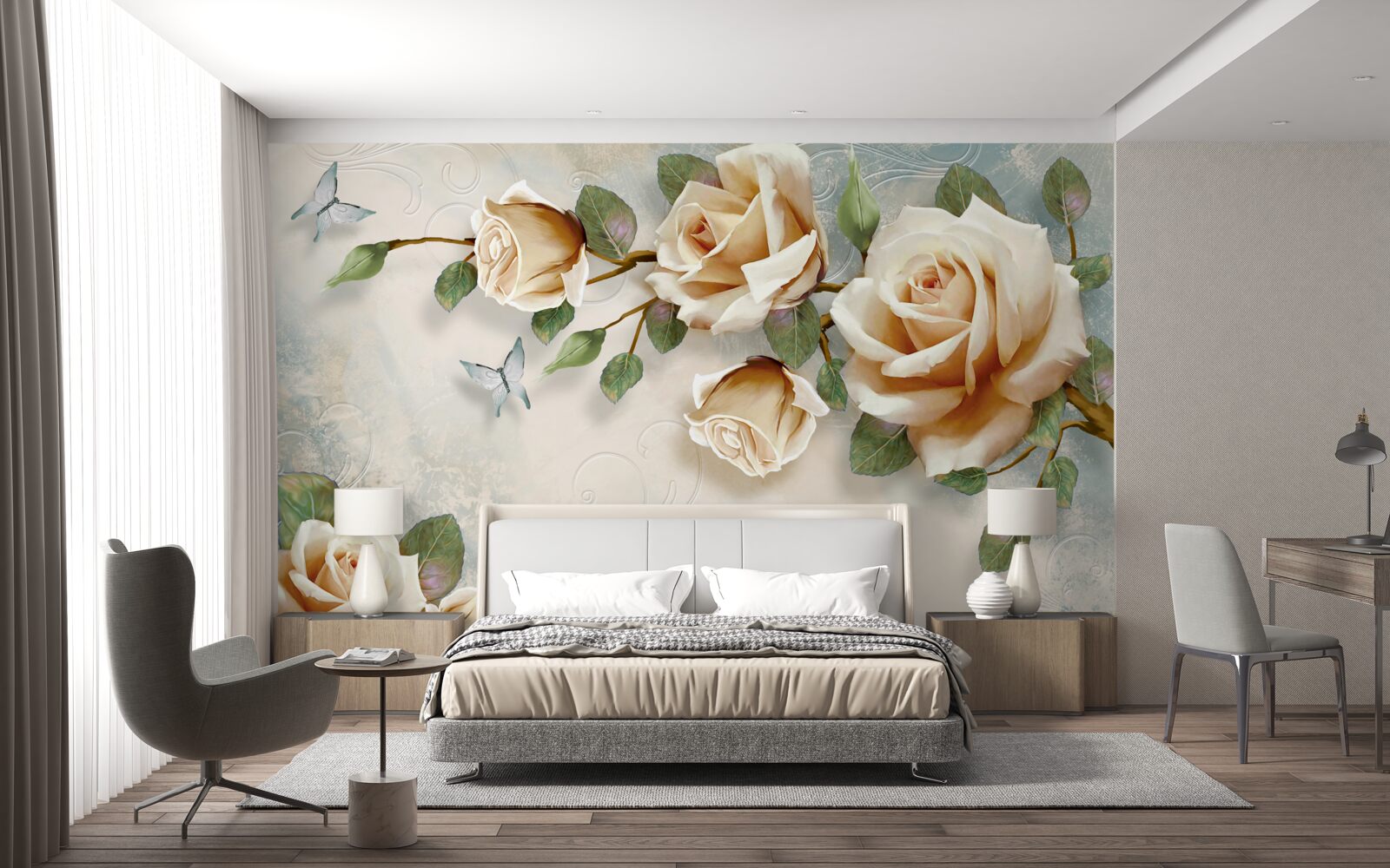 Papier peint roses douces dans des tons crémeux