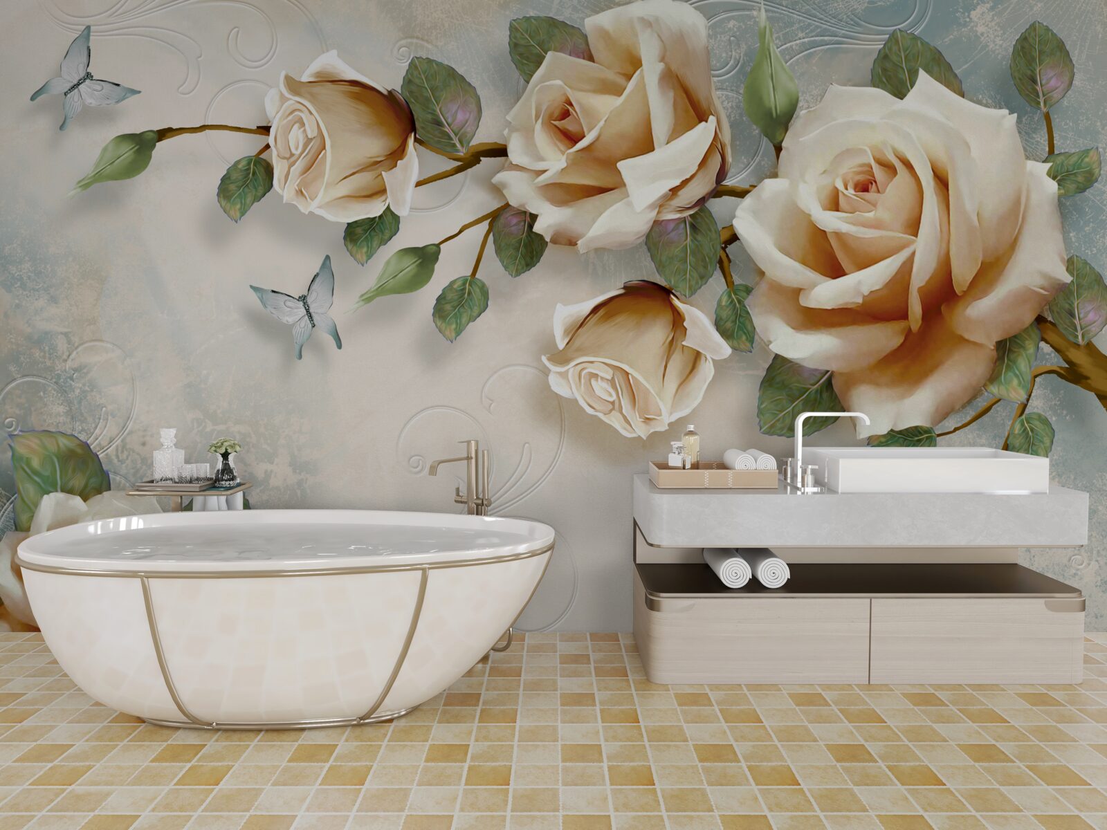 Papier peint roses douces dans des tons crémeux