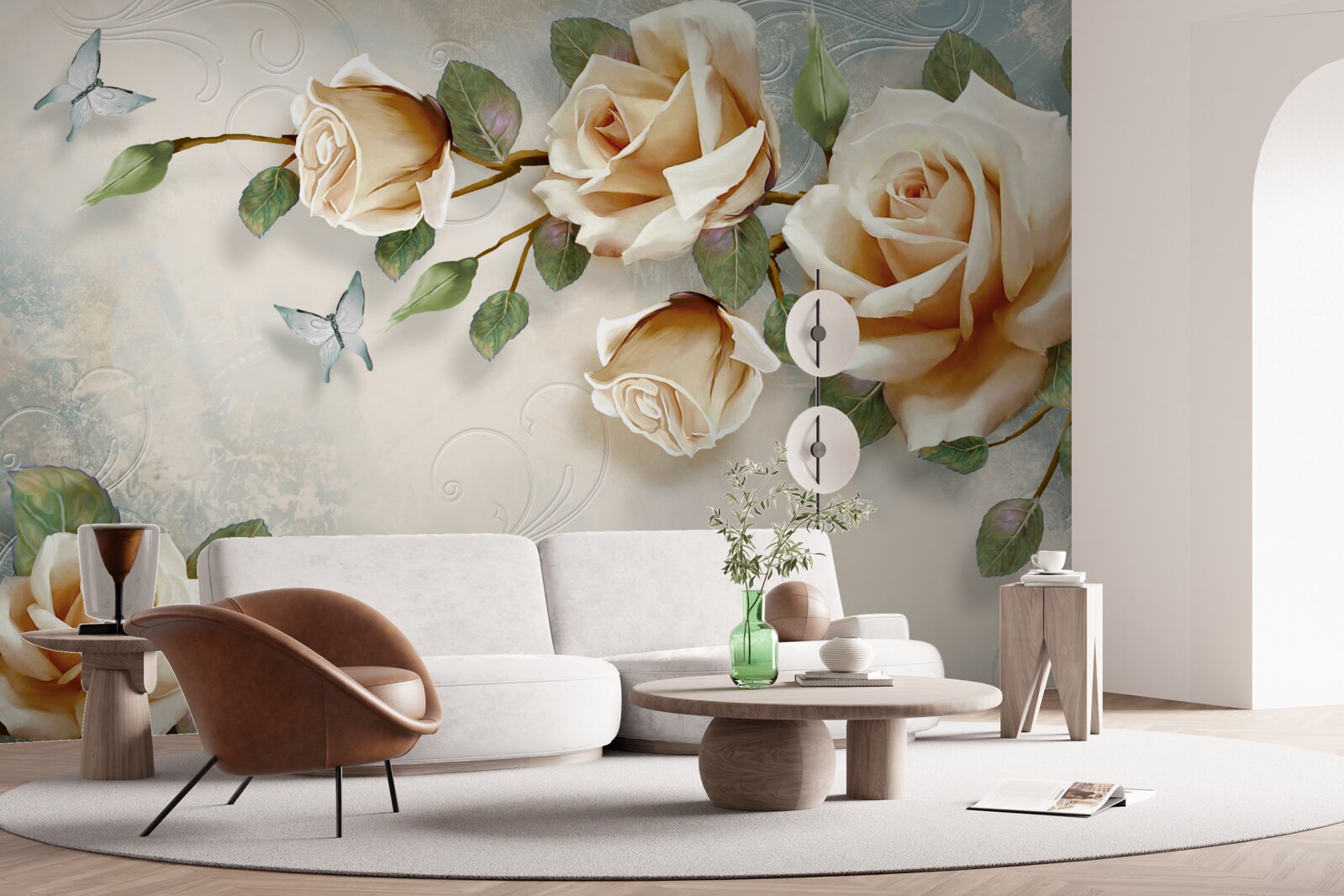 Papier peint roses douces dans des tons crémeux