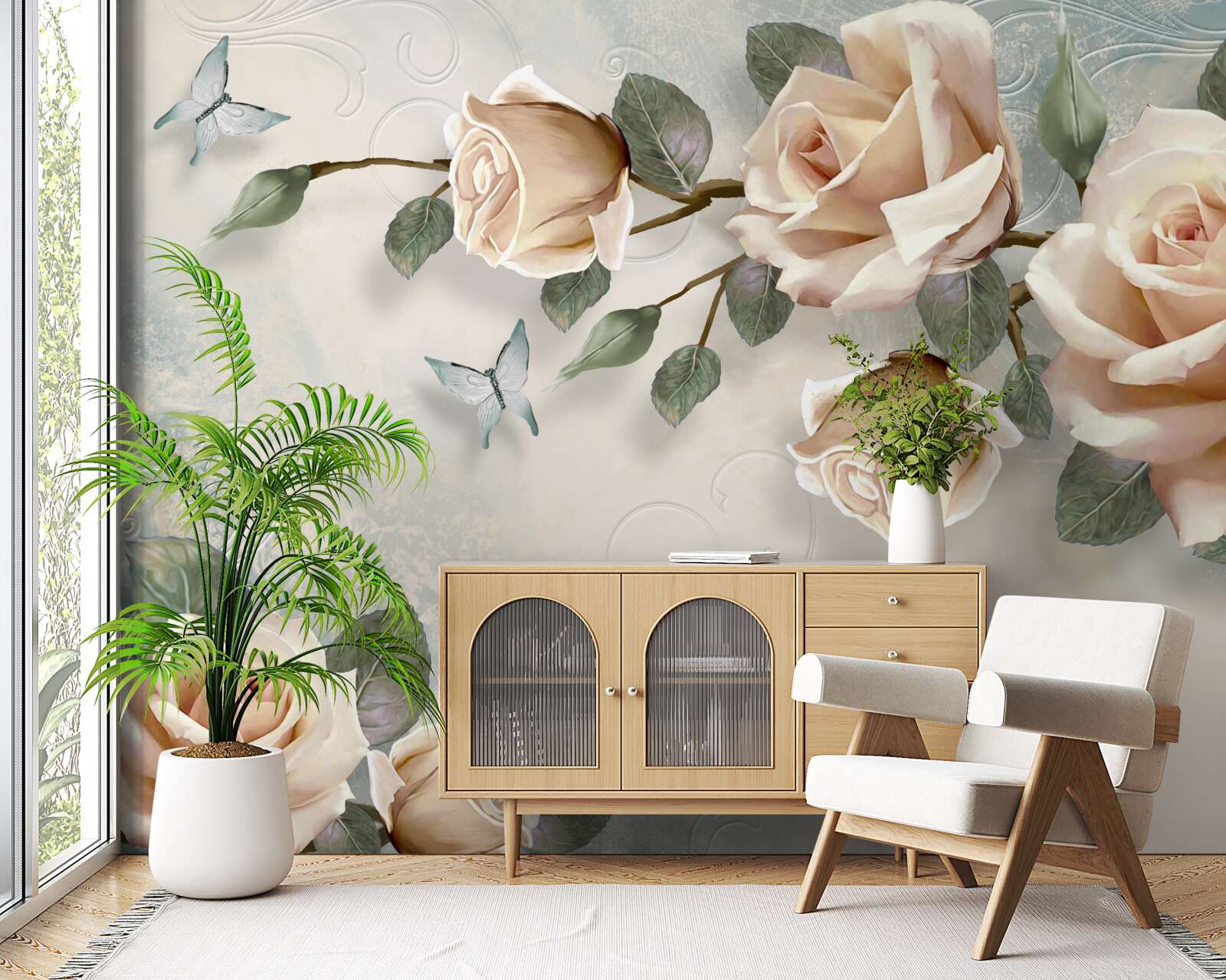 Papier peint rose pêche et papillons blancs passent à proximité