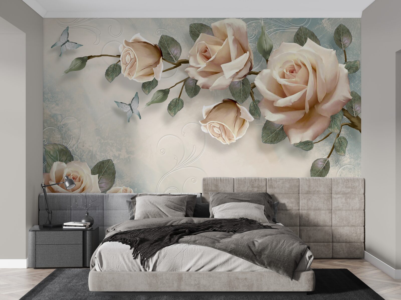 Papier peint rose pêche et papillons blancs passent à proximité