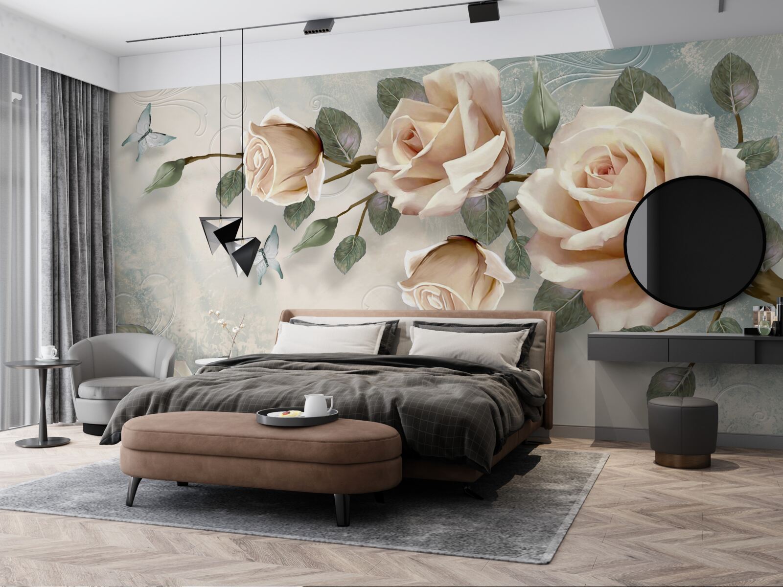 Papier peint rose pêche et papillons blancs passent à proximité