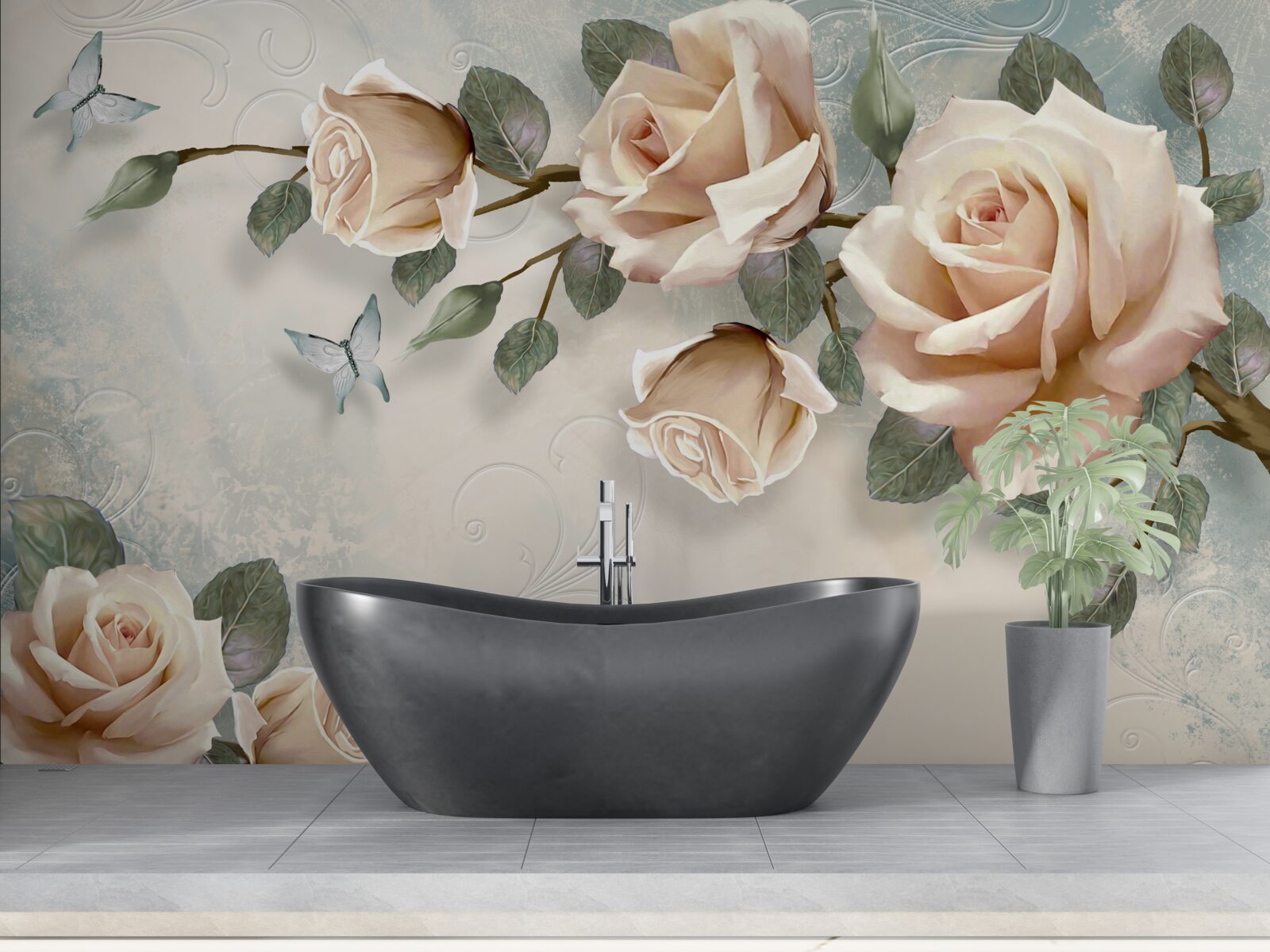 Papier peint rose pêche et papillons blancs passent à proximité