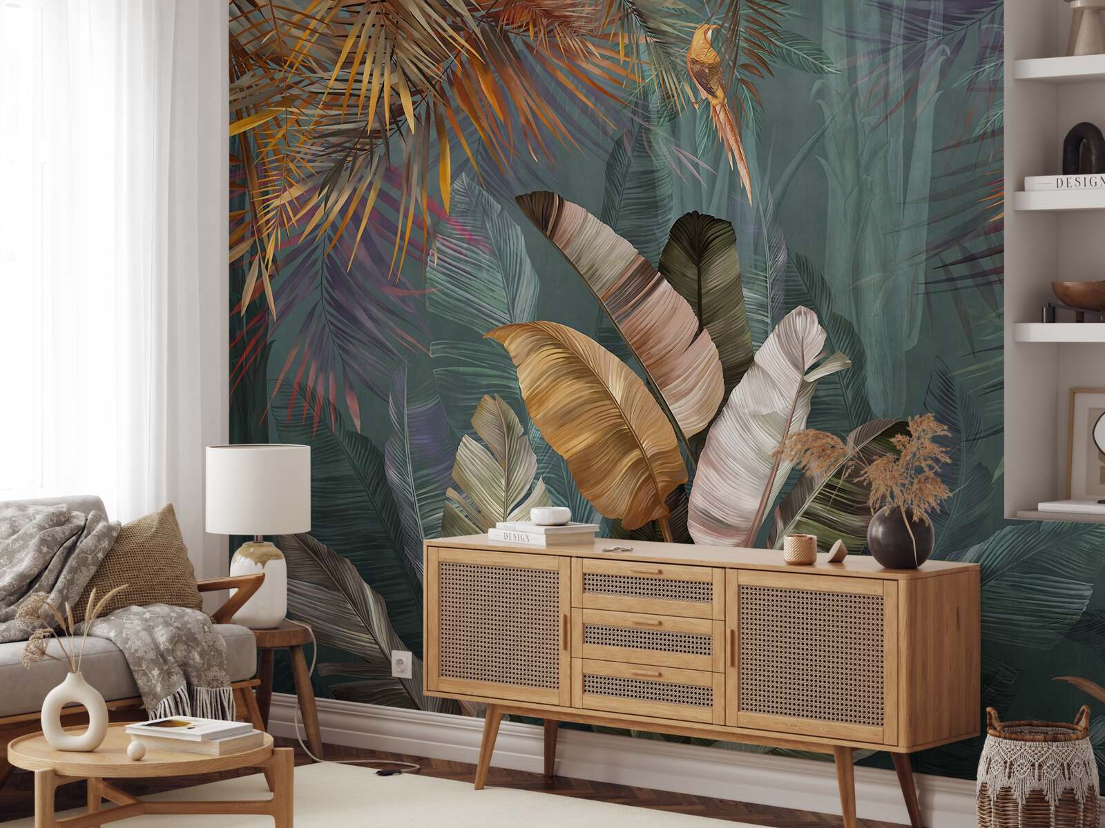 Papier peint sous les tropiques, les feuilles pèsent autant que de fines plumes