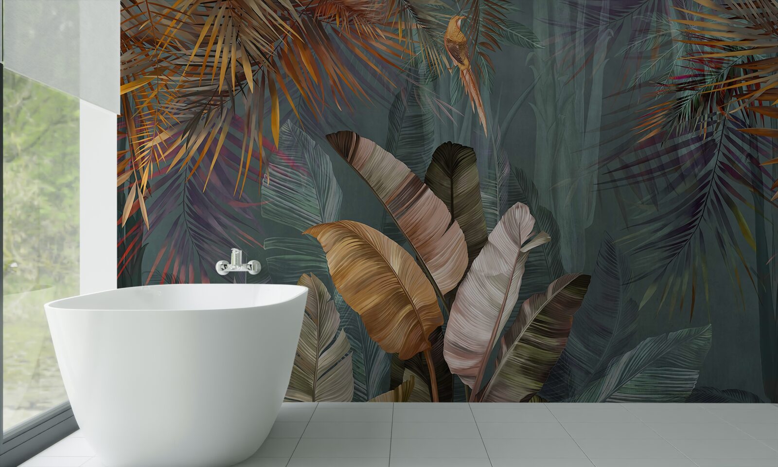 Papier peint sous les tropiques, les feuilles pèsent autant que de fines plumes