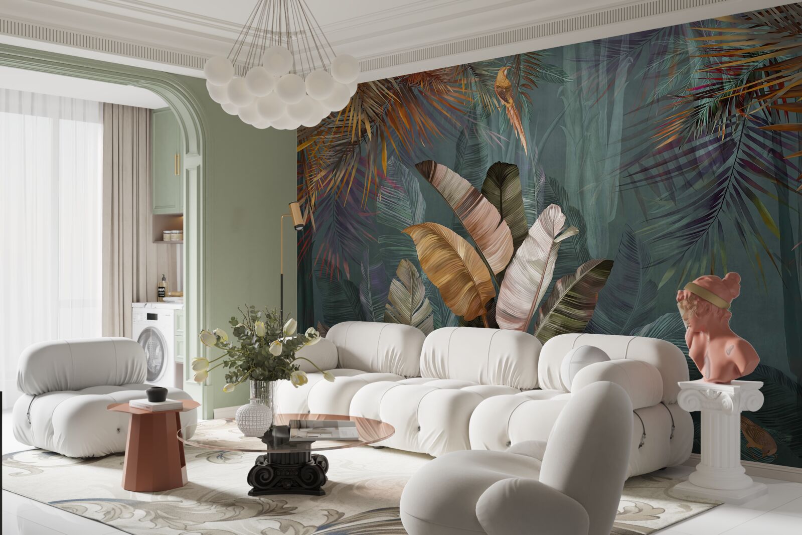 Papier peint sous les tropiques, les feuilles pèsent autant que de fines plumes